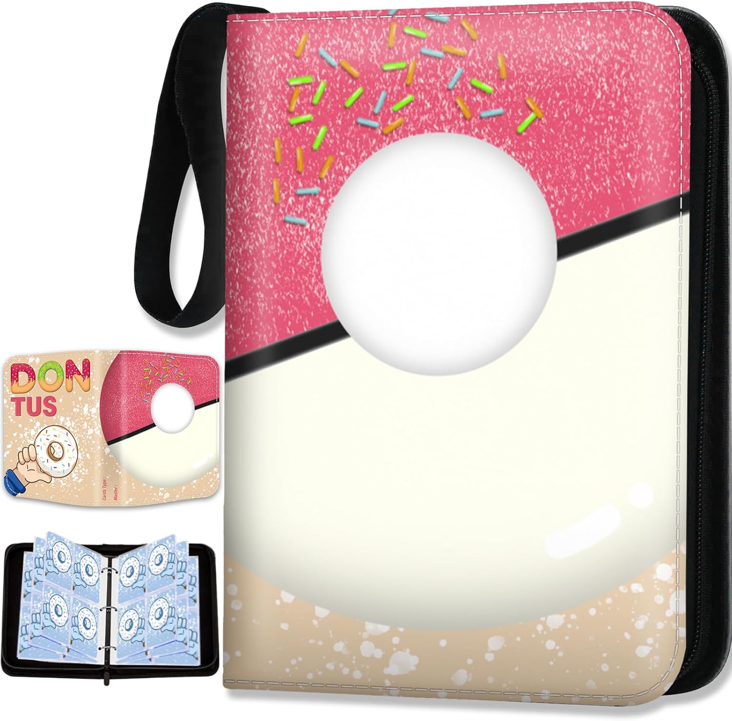 Card Binder Donuts Trading Card Binder Pink Card Holder 4 Pocket Zipper Binder for Collection Card Sports Cards Football Play Cards Storage