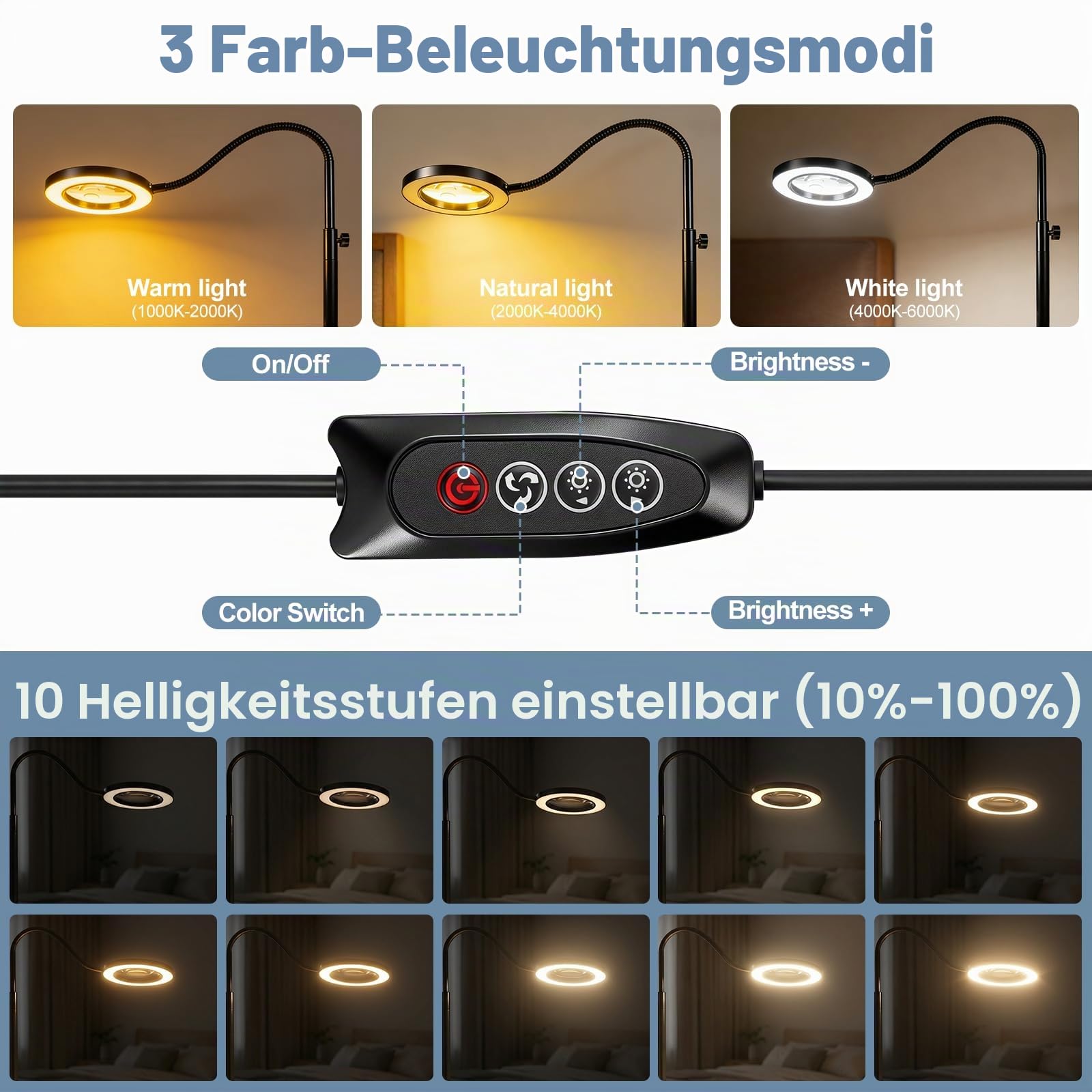 Lupe mit licht und ständer, 10x Standlupe mit Beleuchtung und Stativ, 3-in-1-Standlupe, 3 Farben Modi, geeignet zum Lesen und Zeichnen