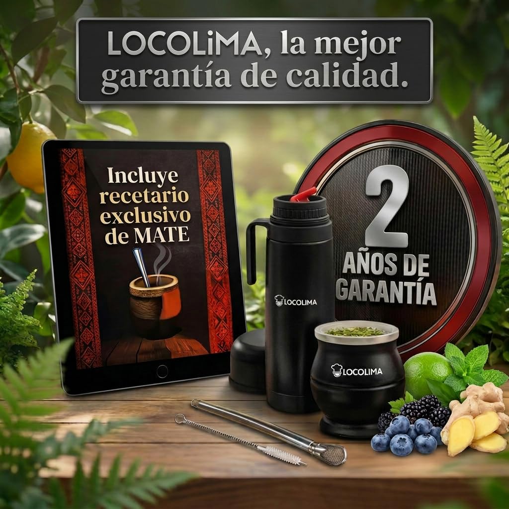 Kit Mate Argentino Premium 10 Piezas, Termo Mate 1L Doble Pared de Acero Inoxidable, 2 Vasos (250ml y 350ml con tapa) Bombillas, Porta Yerba, Separador Yerba y Prensa el Autentico Set de Mate