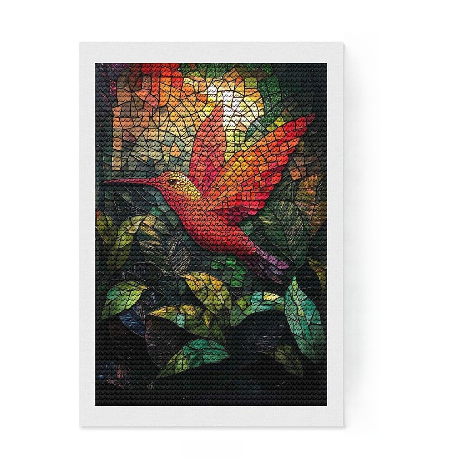 Junmoney Hummingbird Mosaic Art Diamond Art Canvas 8"x12", Adhesive Canvas, Calming Craft to Unwind, Boho Decor, Birthday Gift, Easy to Enjoy
