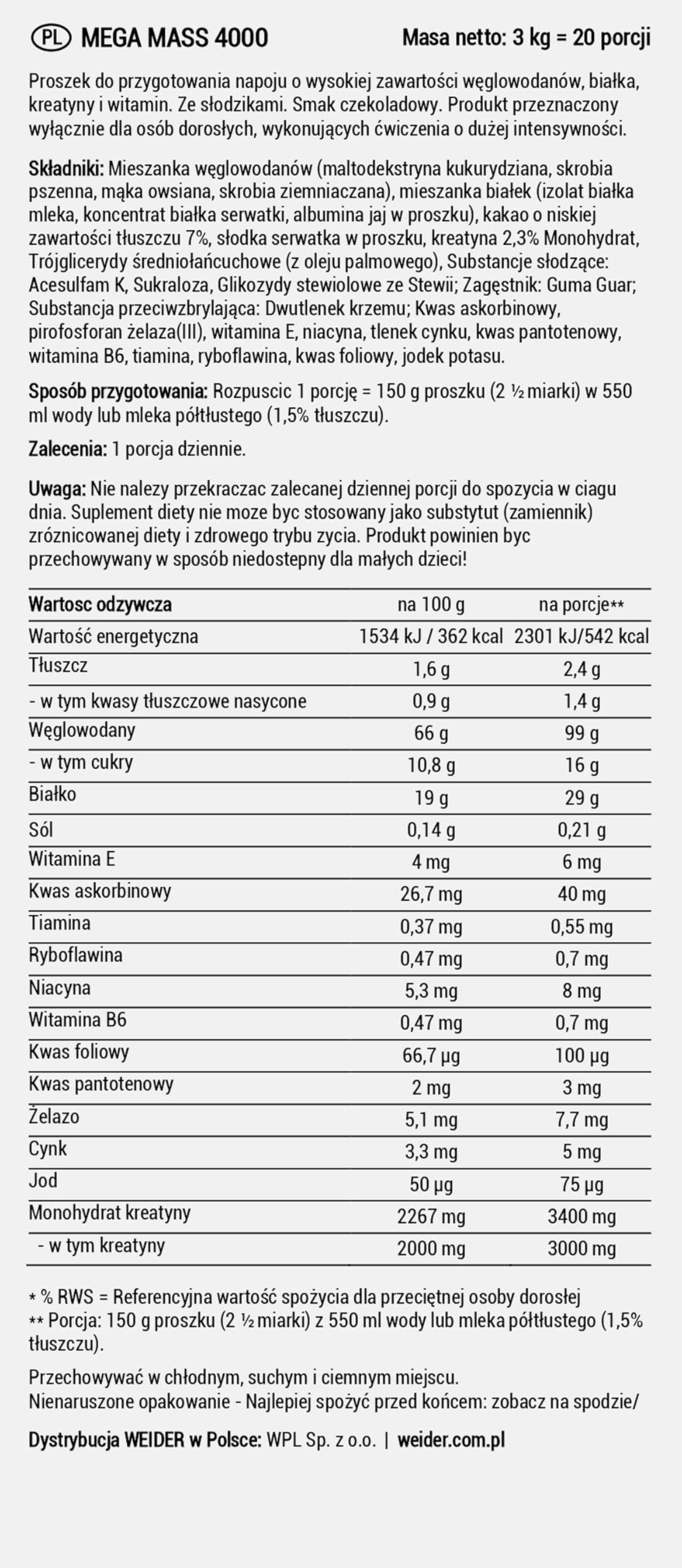 Weider Mega Mass 4000 3 kg - Legendarny Gainer z Węglowodanami, Białkiem, Monohydratem Kreatyny Creapure, Witaminami i Minerałami, Smak Czekoladowy