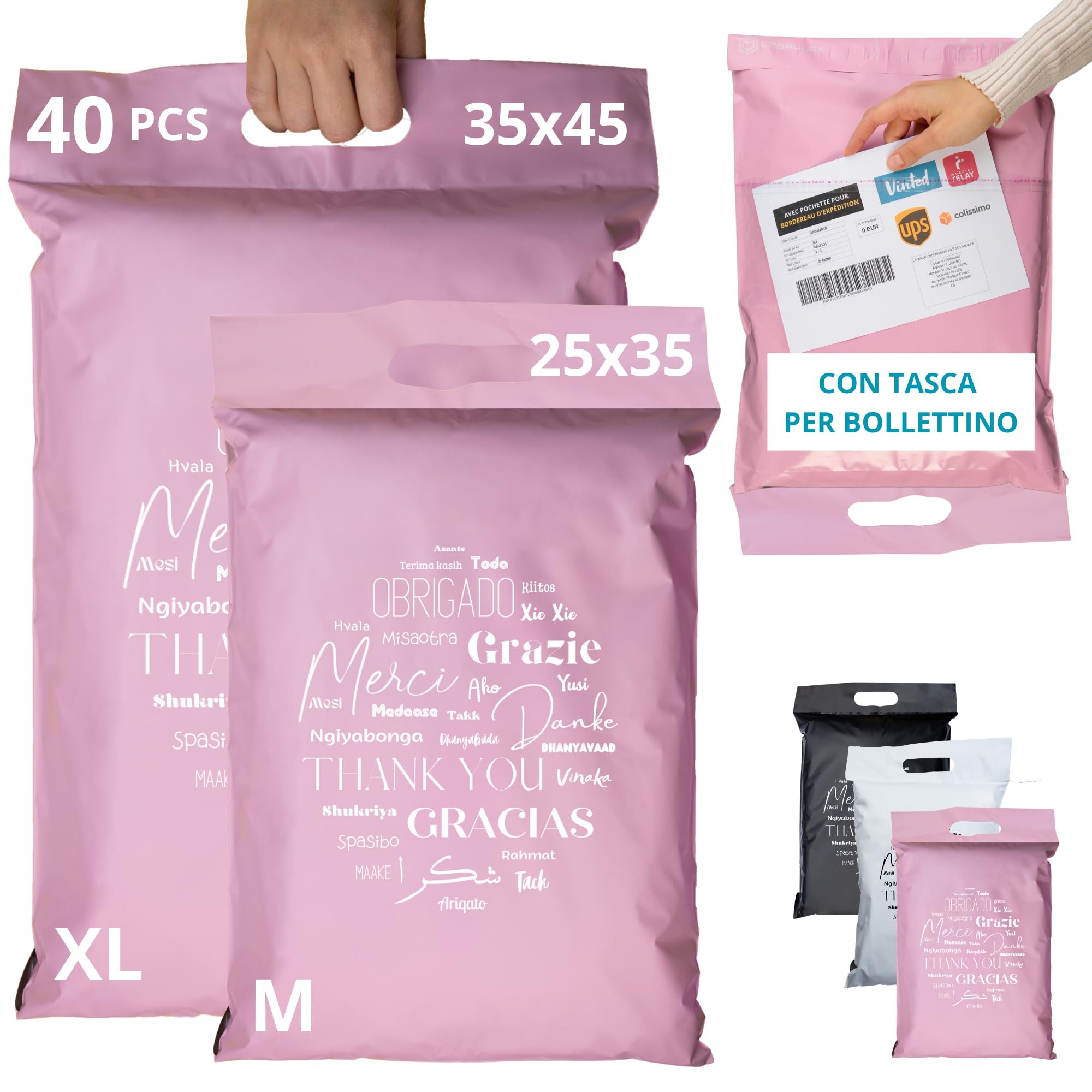 Sacchetti Spedizione in Plastica 40 Buste per Spedizioni Vinted con Tasca per Bollettino 2 Taglie M/XL Non Trasparenti Ultra-Resistenti Pochette Postali con Maniglia