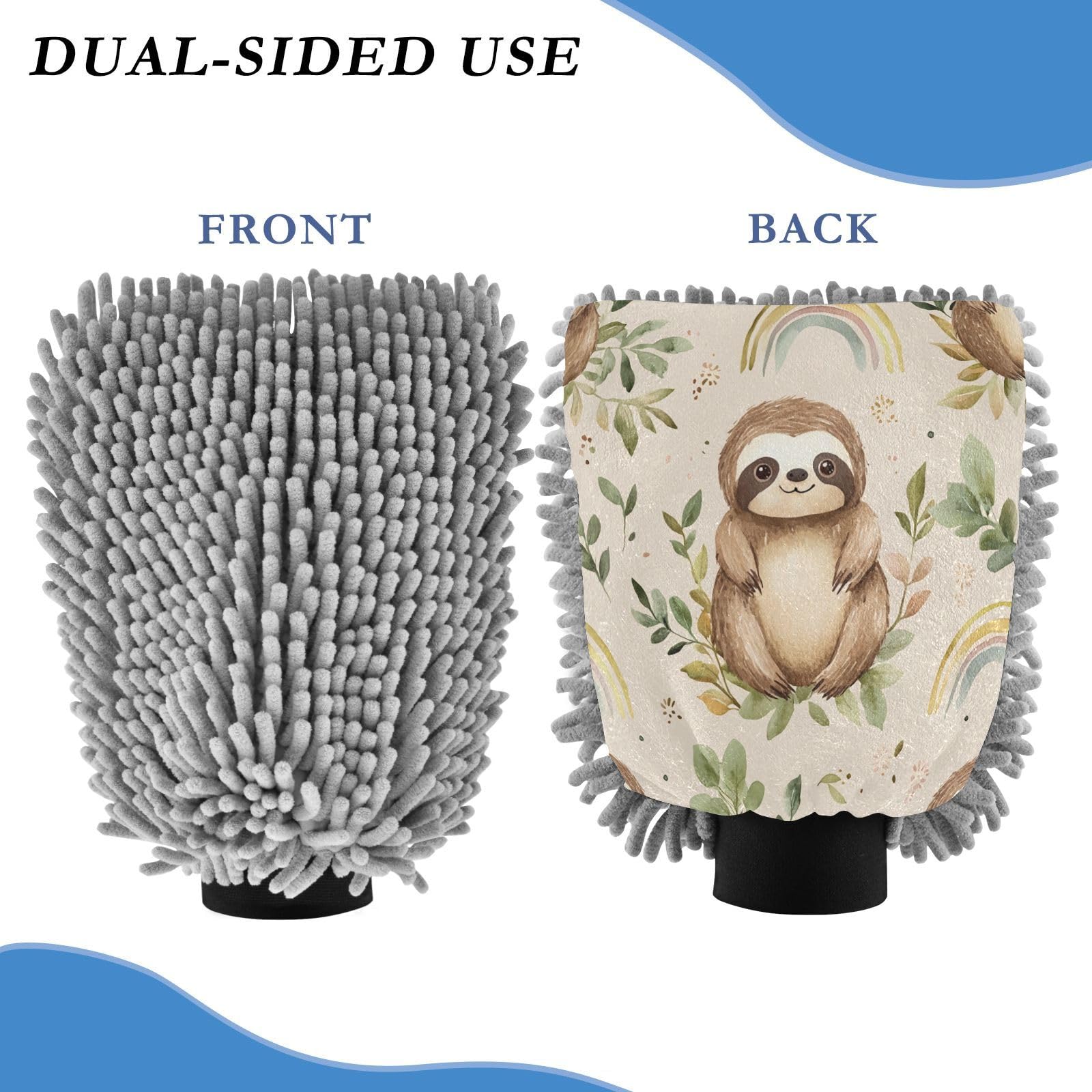 STAYTOP Cute Sloth Car Wash Mitt Microfiber, 2Pcs Scratch Free Lint-Free, Premium Chenille Microfiber Mitt Car Wash Brush-M