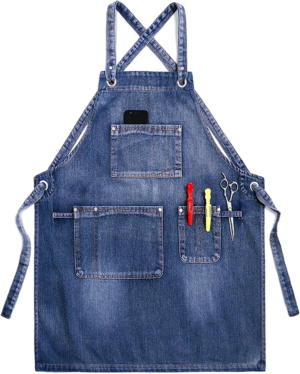 Denim Apron with Adjustable Cross Back And Multiple Pockets for Barber, Chef, Barista, BBQ, Unisex