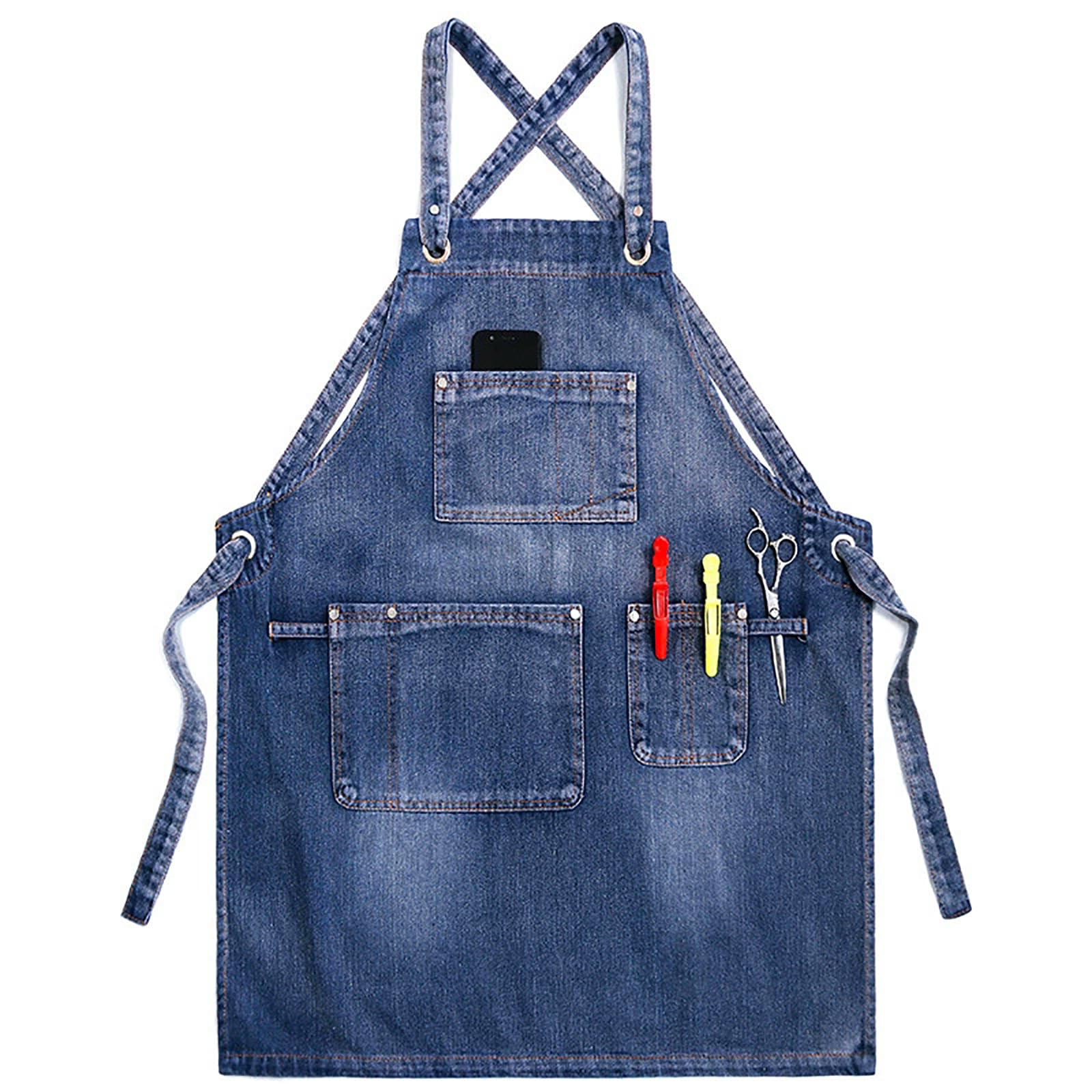 FESEAQ Denim Apron with Adjustable Cross Back And Multiple Pockets for Barber, Chef, Barista, BBQ, Unisex Blue,One Size
