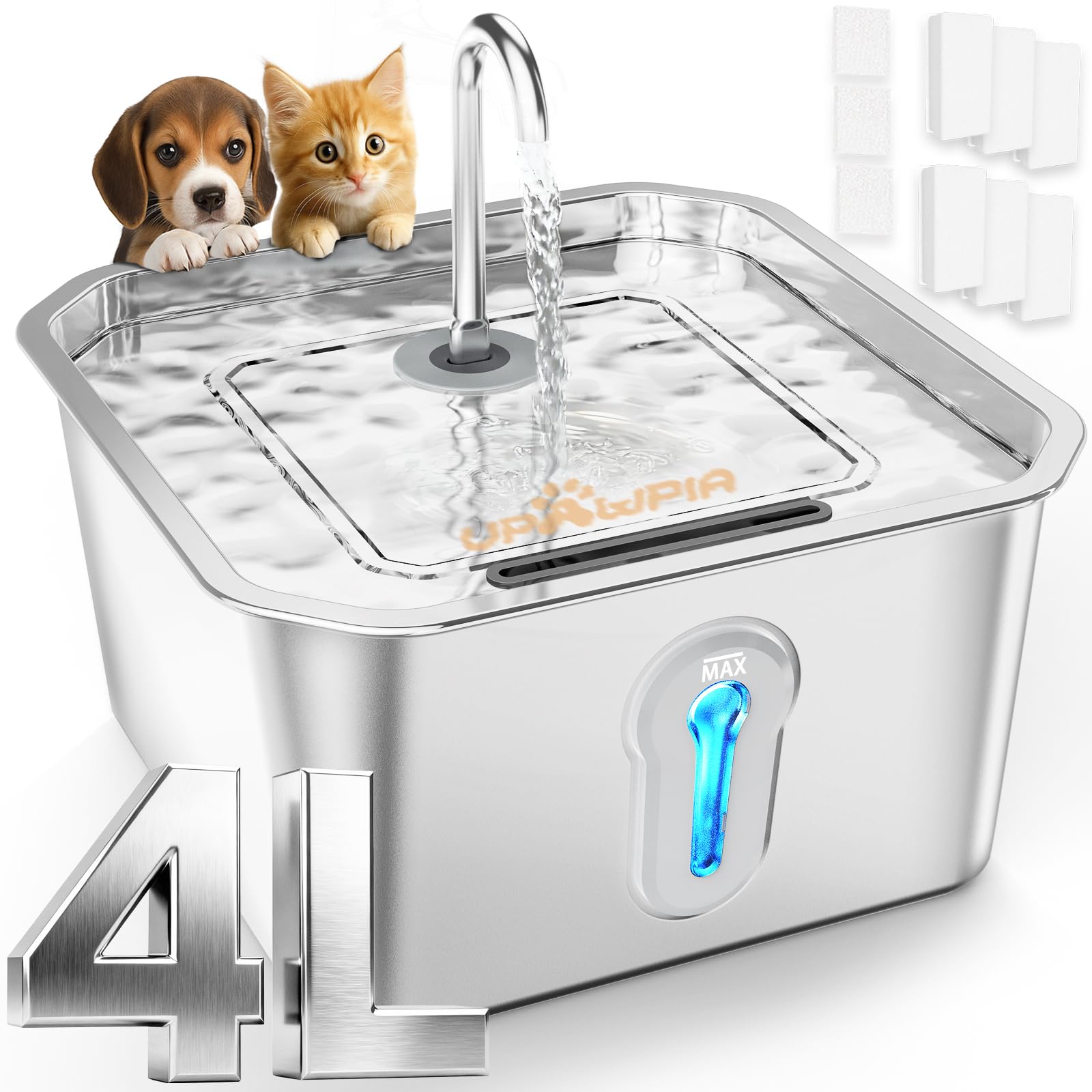 4L Fontaine a Eau Chat INOX avec 6 Filtres Automatique Fontaine à Eau pour Chat Animaux Ultra Silencieux Mangeoirs et Abreuvoirs pour Chats