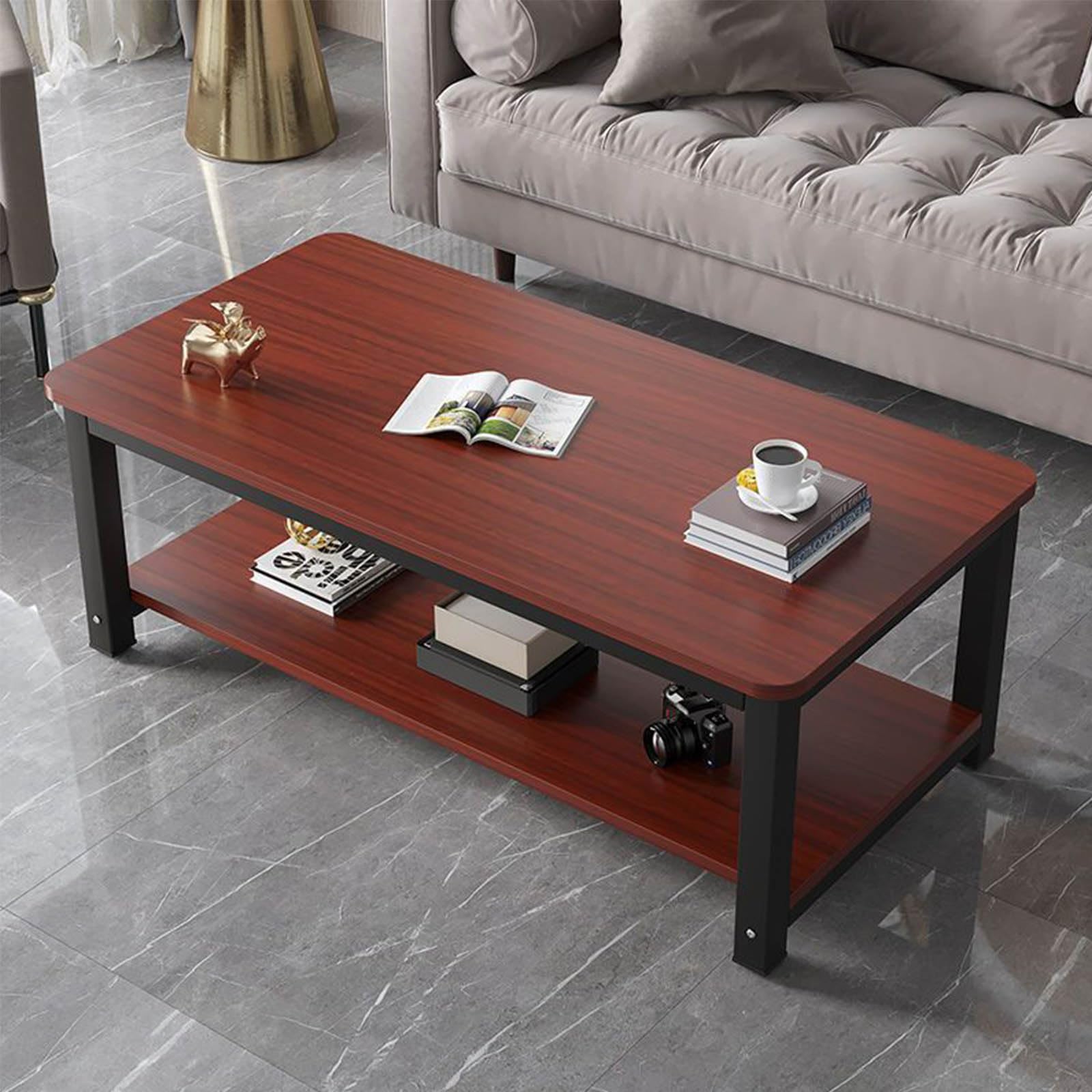 Modern Rustic Coffee Table with 2-Tier Open Shelf, Metal Frame and Wood Top, Perfect for Living Room as Sofa or Cocktail Table