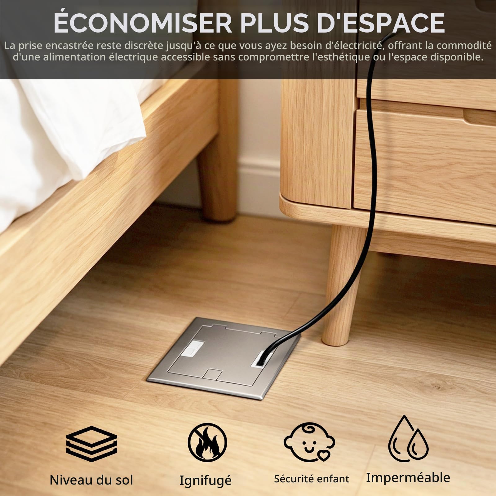 Boîte de Prise Encastrable au Sol, Prise Cachée Plate Encastrée 250V/16A avec 2 Prises EU et Connecteurs USB + Type C + CAT6, Prise de Courant Encastrée Étanche en Acier Inoxydable pour Maison, Hôtel