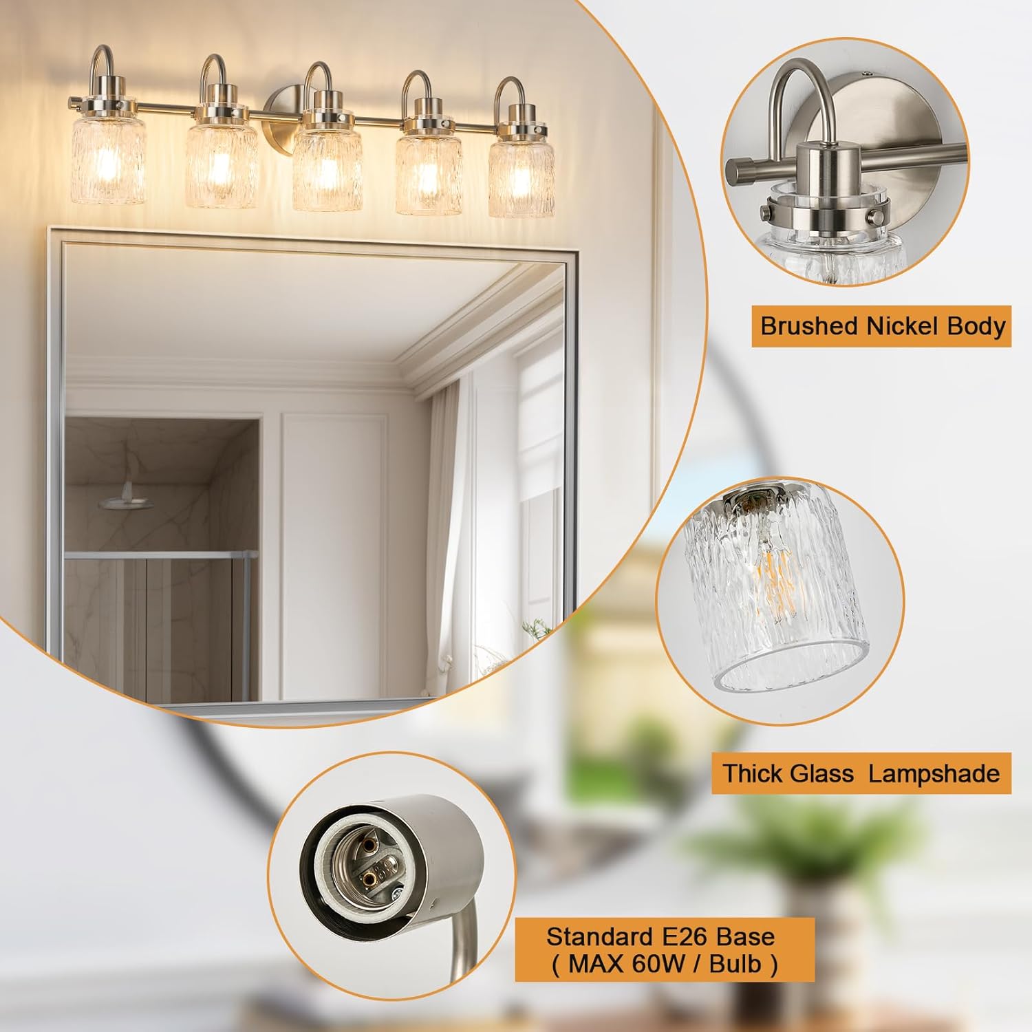 5 Lights Bathroom Vanity Light, Brushed Nickel Bathroom Light Fixtures with Hammered Glass Lampshade for Dressing Table,Over Mirror,Hallway