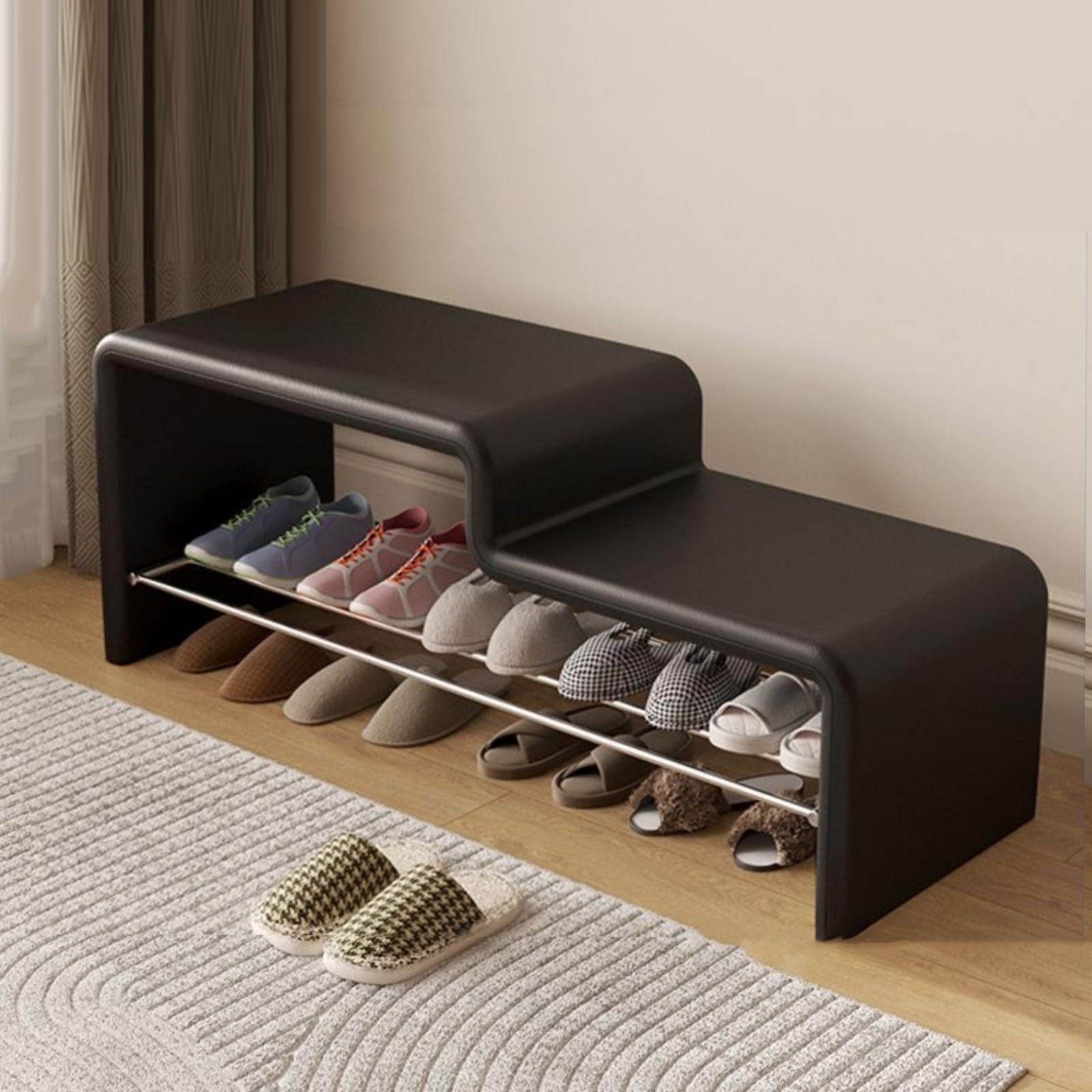 Banc à chaussures en similicuir noir de style moderne et raffiné pour espace chic