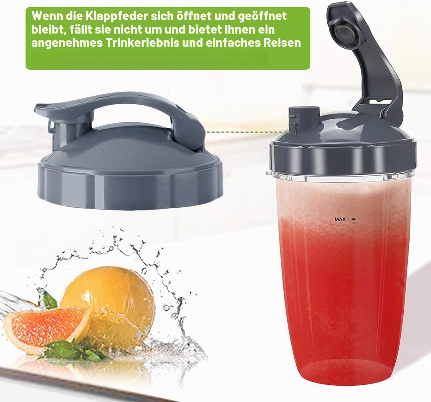 Wiederverschließbare Flip-Top Becherdeckel für NutriBullet Mixer 32/24/510.3 g Becher – Grau, Polypropylen, Spülmaschinenfest, BPA-frei