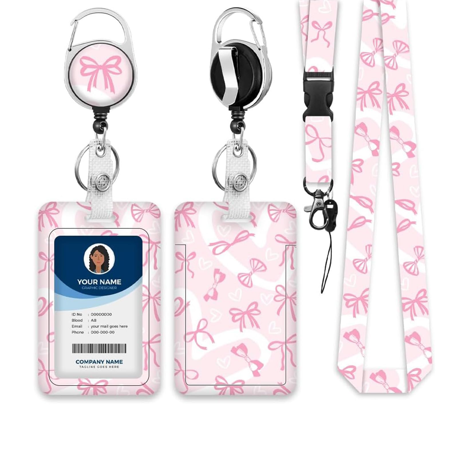 Lanyard with Card Holder Fashionable Bowknot Pattern with Retractable Badge Reel Carabiner & Detachable Lanyard Vertical Card Protector for Office Worker Teacher Student