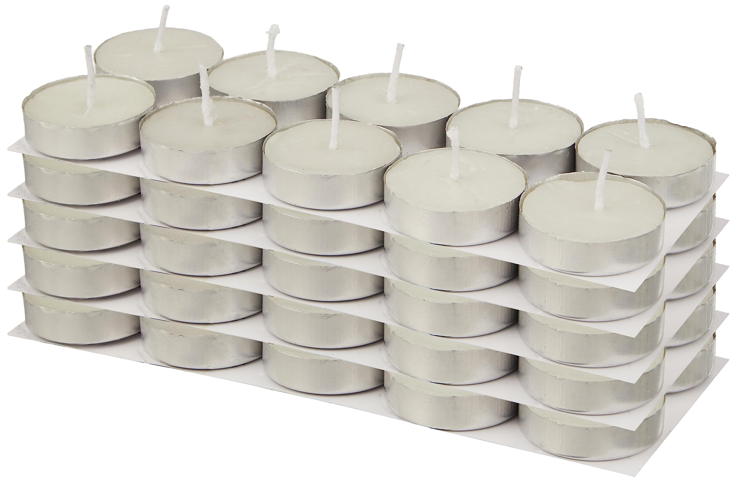 Amazon Brand - Solimo Wax Tealight Candles, 2-Hour Burn Time, Smokeless, No Residue (Set of 50, Unscented)