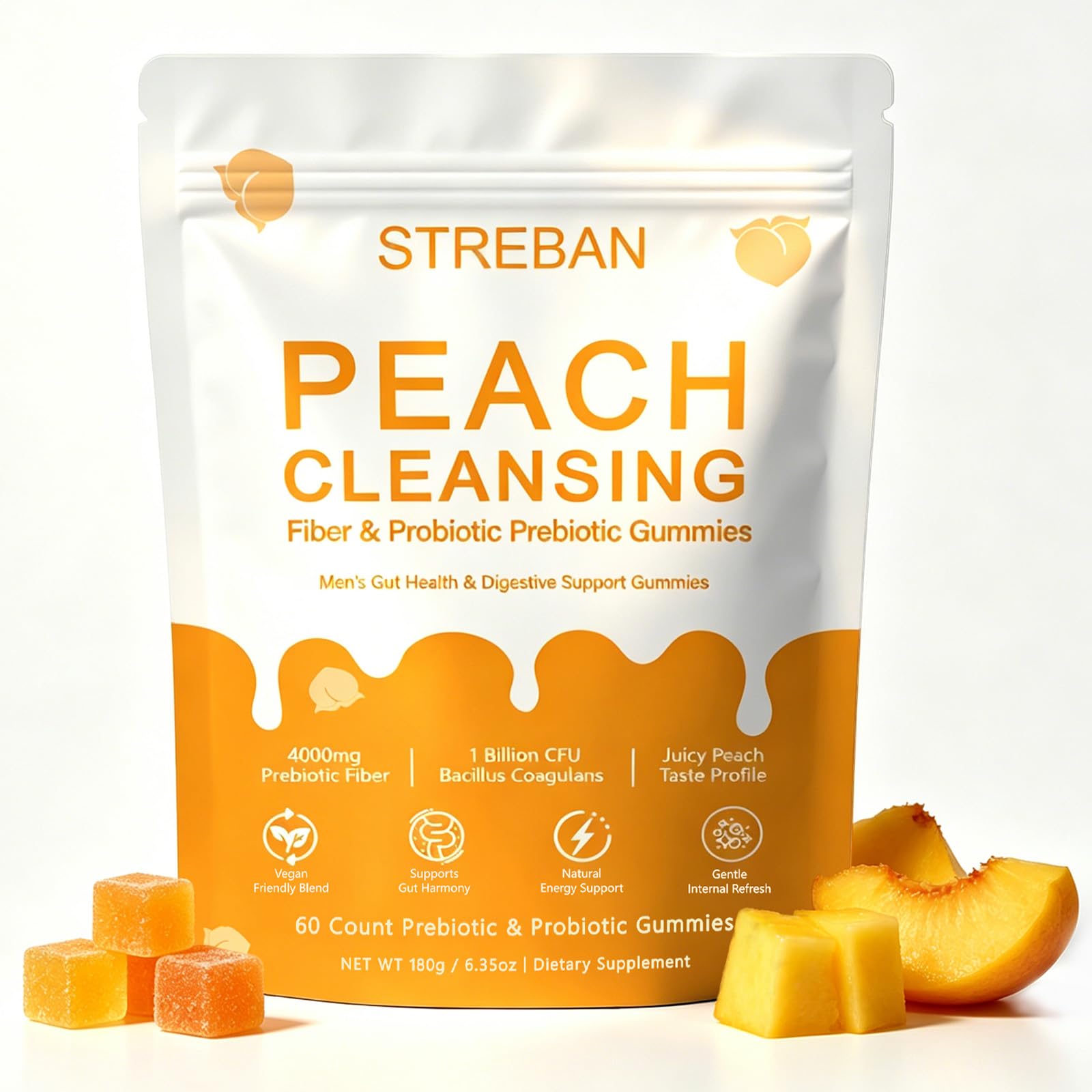 Peach Pre+Probiotic Fiber Clean Gummies for Men, 60 Count (1)