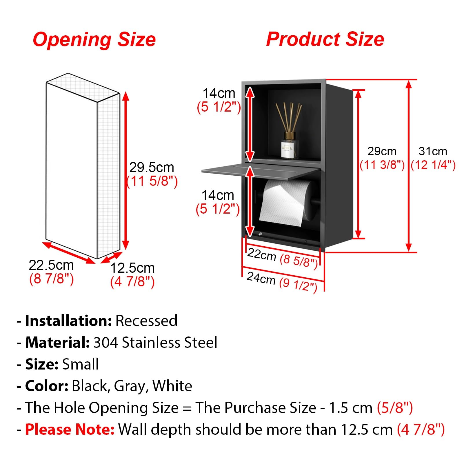 Vibeo Portarrollos Empotrable Portarrollos de Papel Higiénico Empotrado Doble, Nicho de Pared para Baño con Estante, Almacenamiento de Rollos de Papel Higiénico Integrado(Black,S)
