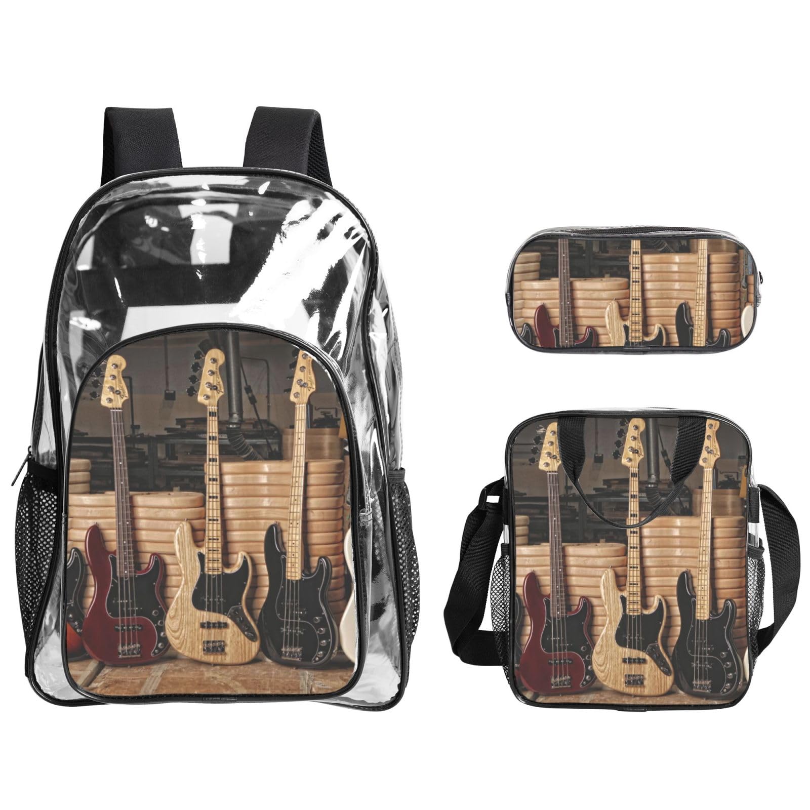 Chitarra Basso Musica Strumenti Musicali stampati Zaino trasparente tre pezzi set -leggero portabilità