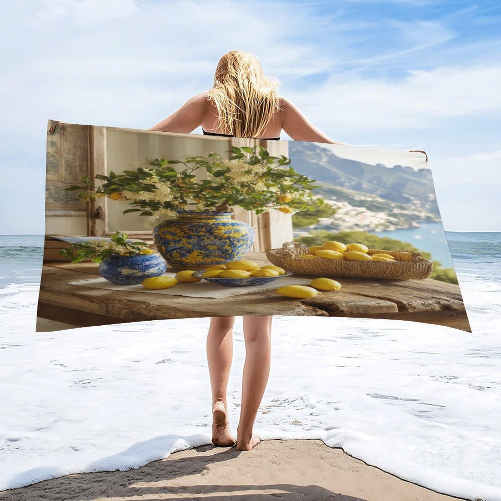 Luyysky Vintage Classic Fruit Lemon Quick-Drying Beach Towel, Retro Mid Century Nautical Window Landscape Coastal Plant Floral Travel Vacation Single Sided Pile Bathroom Towels-80 W Cm X 160" L Cm