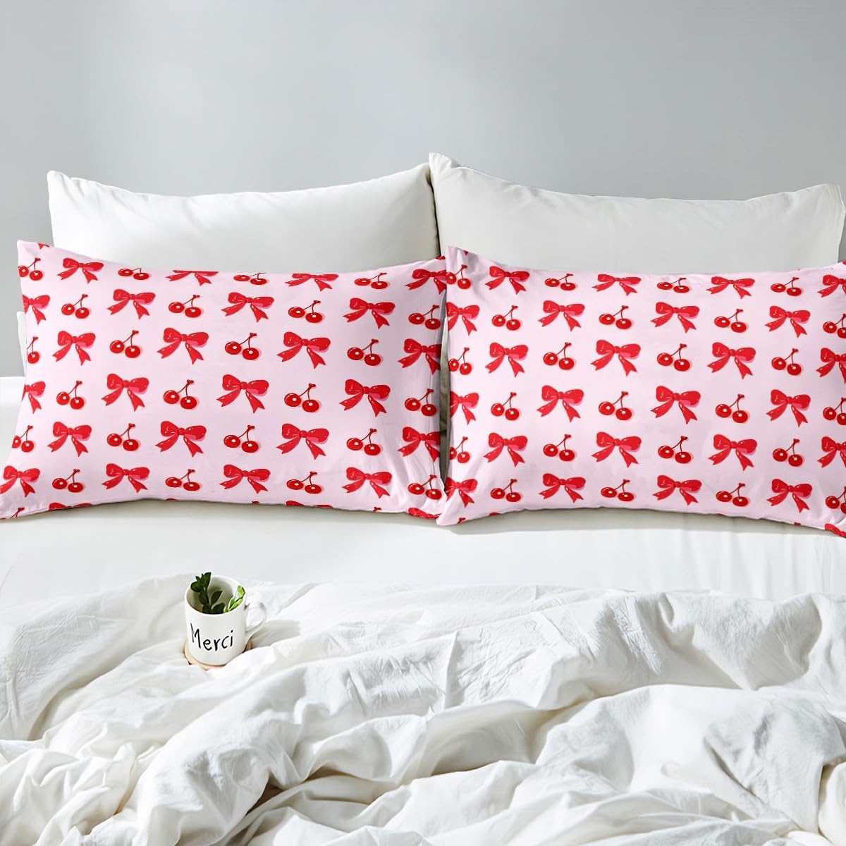 Manfei Cherry Bow Toddler Size Duvet Cover,Red Cherry Tropical Sweet Fruit Duvet Cover for Kids Teens All Season,Cute Bowknot Princess Style Pink Bedding Set,No Comforter