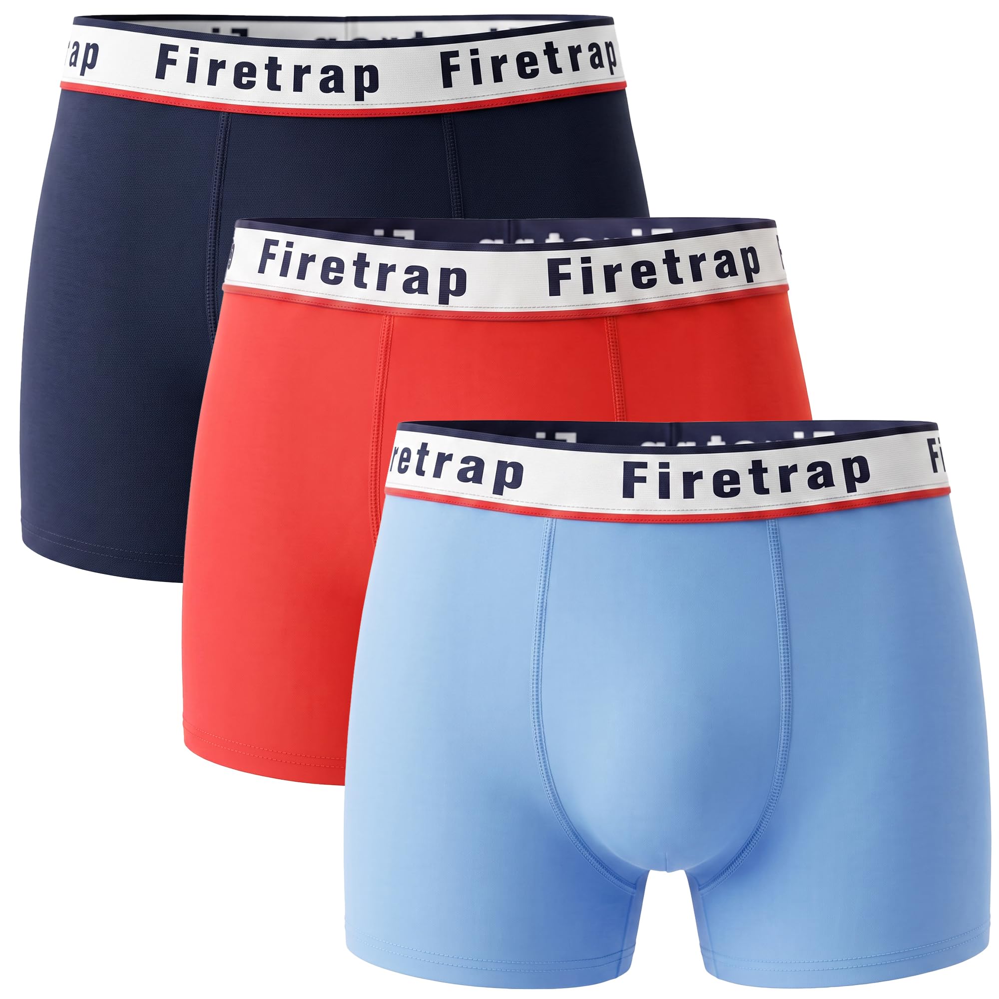Firetrap Men's Sky, Navy, Red 3 Pack Designer Boxer Shorts, Underwear Gift Set Trunks Comfortable Stretch Cotton Plain Colours Briefs L