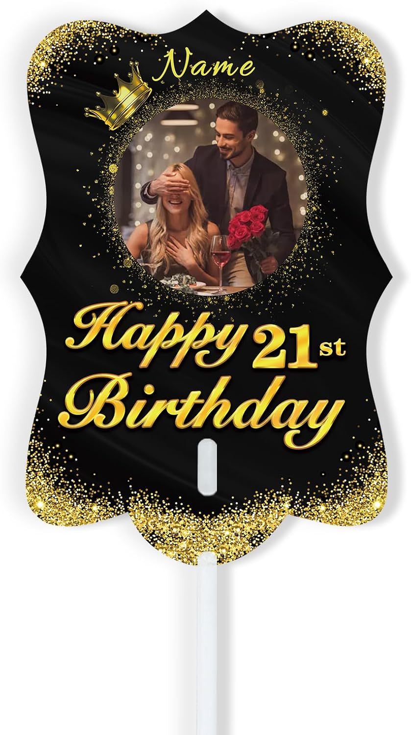 Dicodes Personalized Black and Gold Happy 21st Birthday Double Sided Head Face Fan Customize Birthday Fun Face Cutout Photo Prop Supplies with Handle(21st)