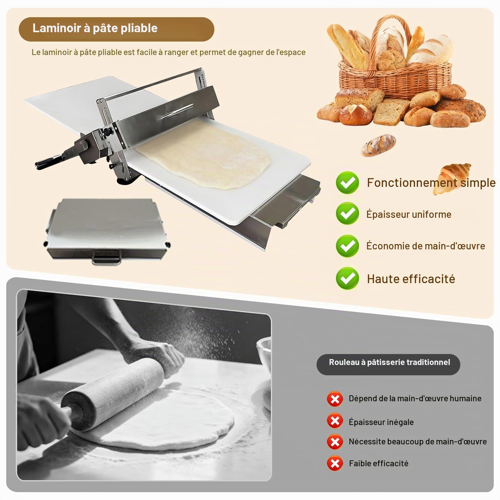 Laminoir à Pâte Pliable Manuel Laminoir à Pâte Feuilletée avec épaisseur Réglable 0-25 mm Laminoir Patisserie en Acier Inoxydable pour Pizza Croissants Pâtisseries Commercial Domestique