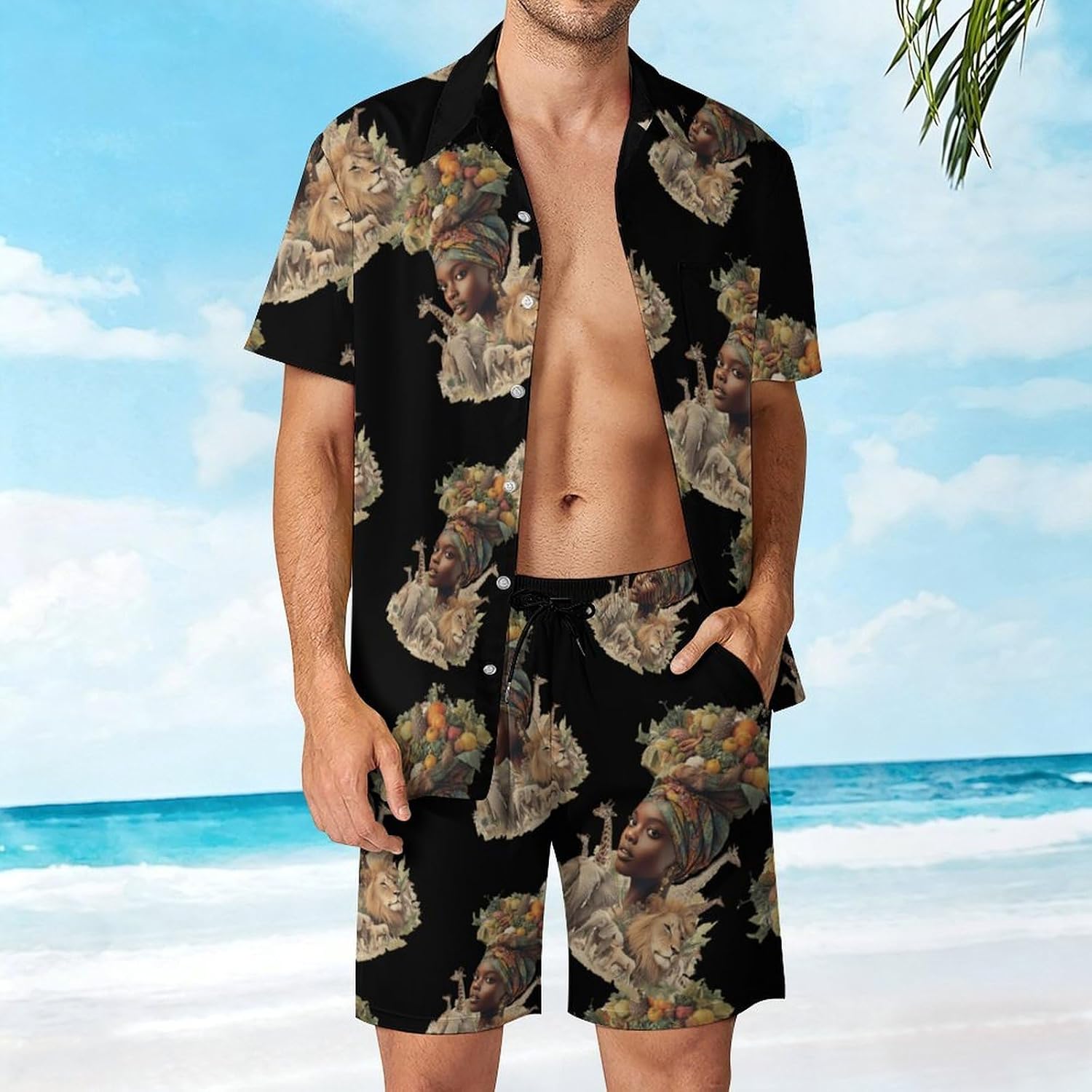 African Woman Foods Animals Men's Summer Beach 2 Piece Outfits | hawaiian button down shirt and shorts,vacation cruise,mens bathing suit