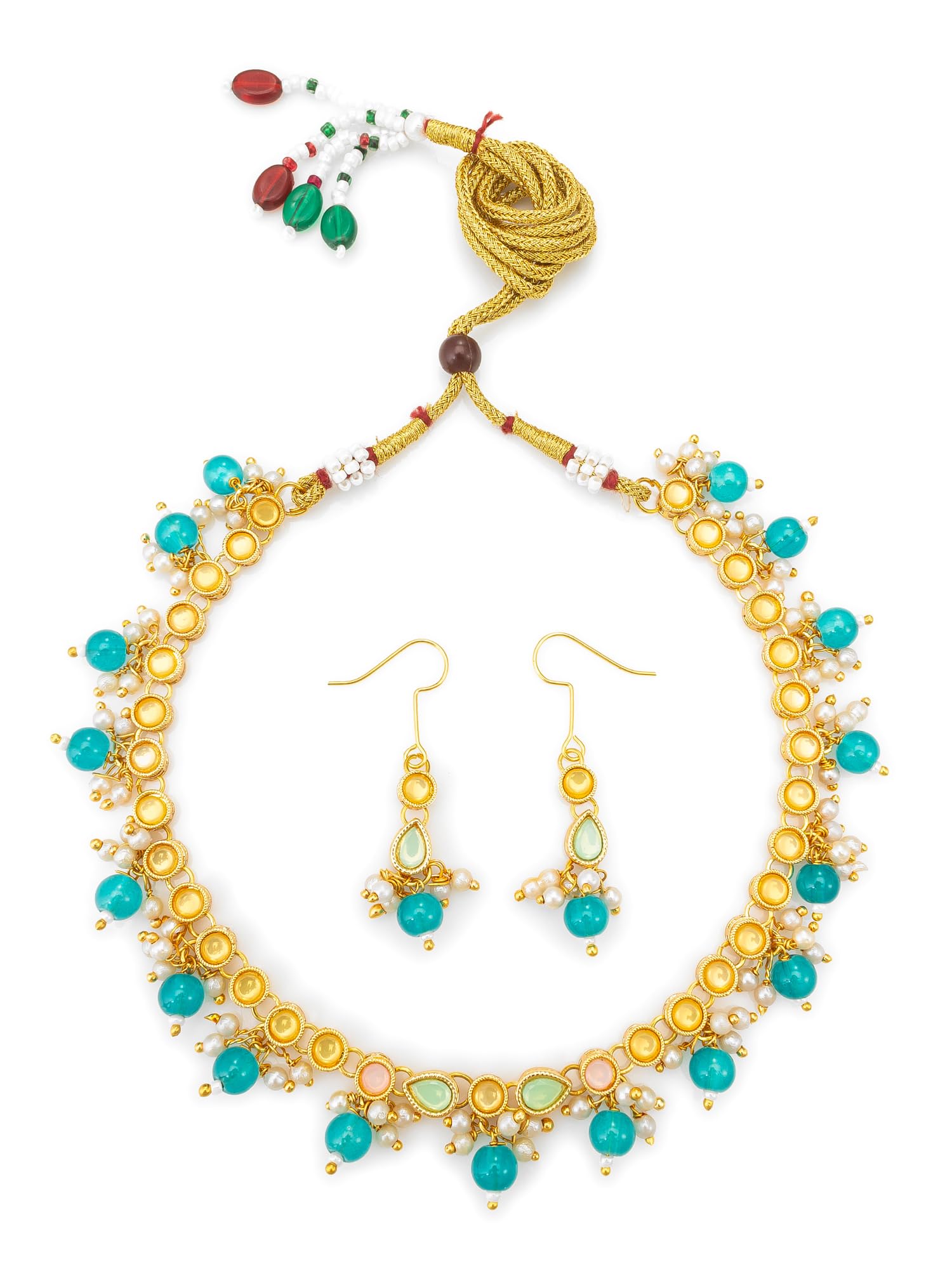 Green Beads Ethnic Choker Necklace Earring & Ring Set For Women-NK4709