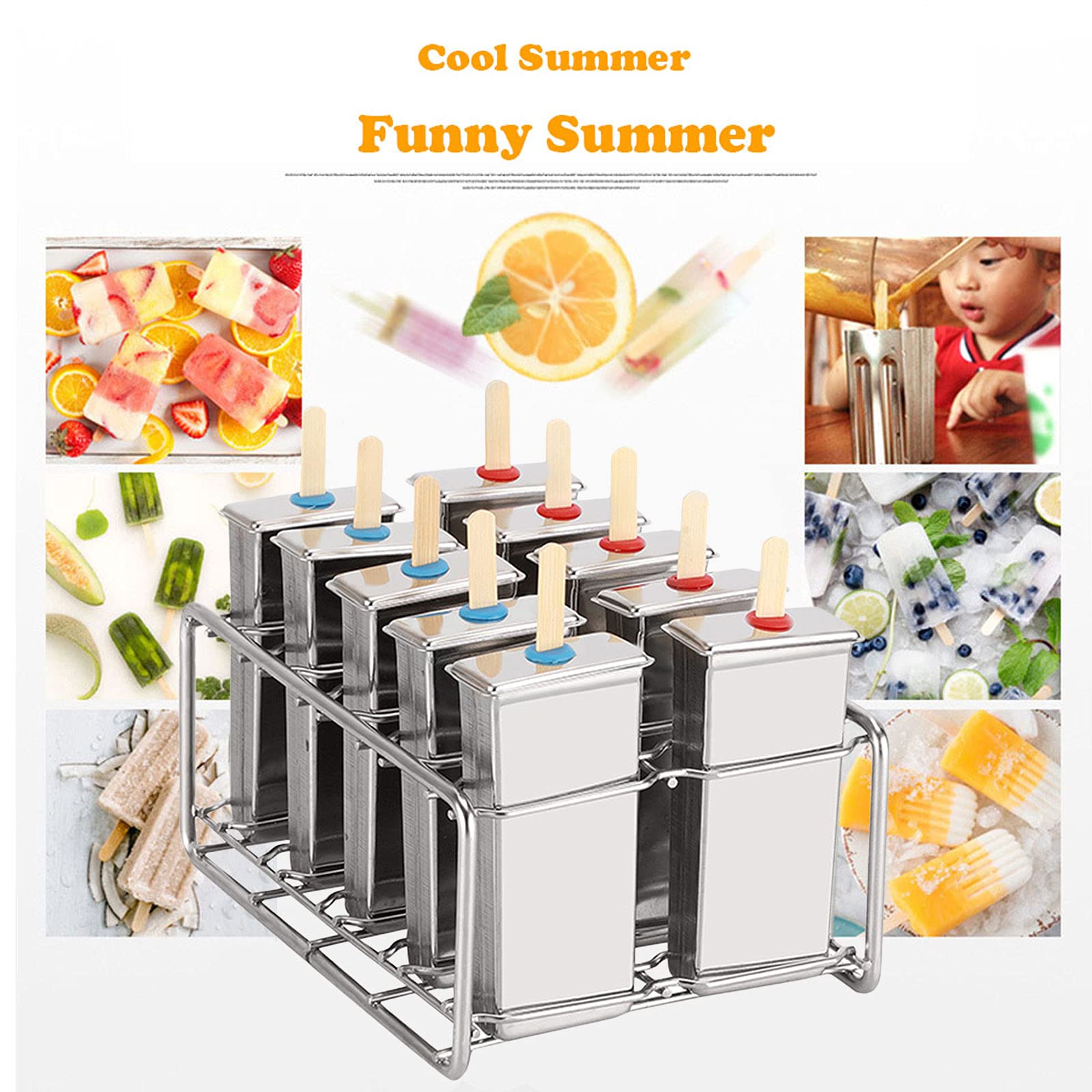 Molde para Paleta de Hielo, Molde para Helado con 10 Unidades Molde de Acero Inoxidable Popsicle Molde Pop Molde Metal Bandeja Reefrigerator Necesario Accesori,B
