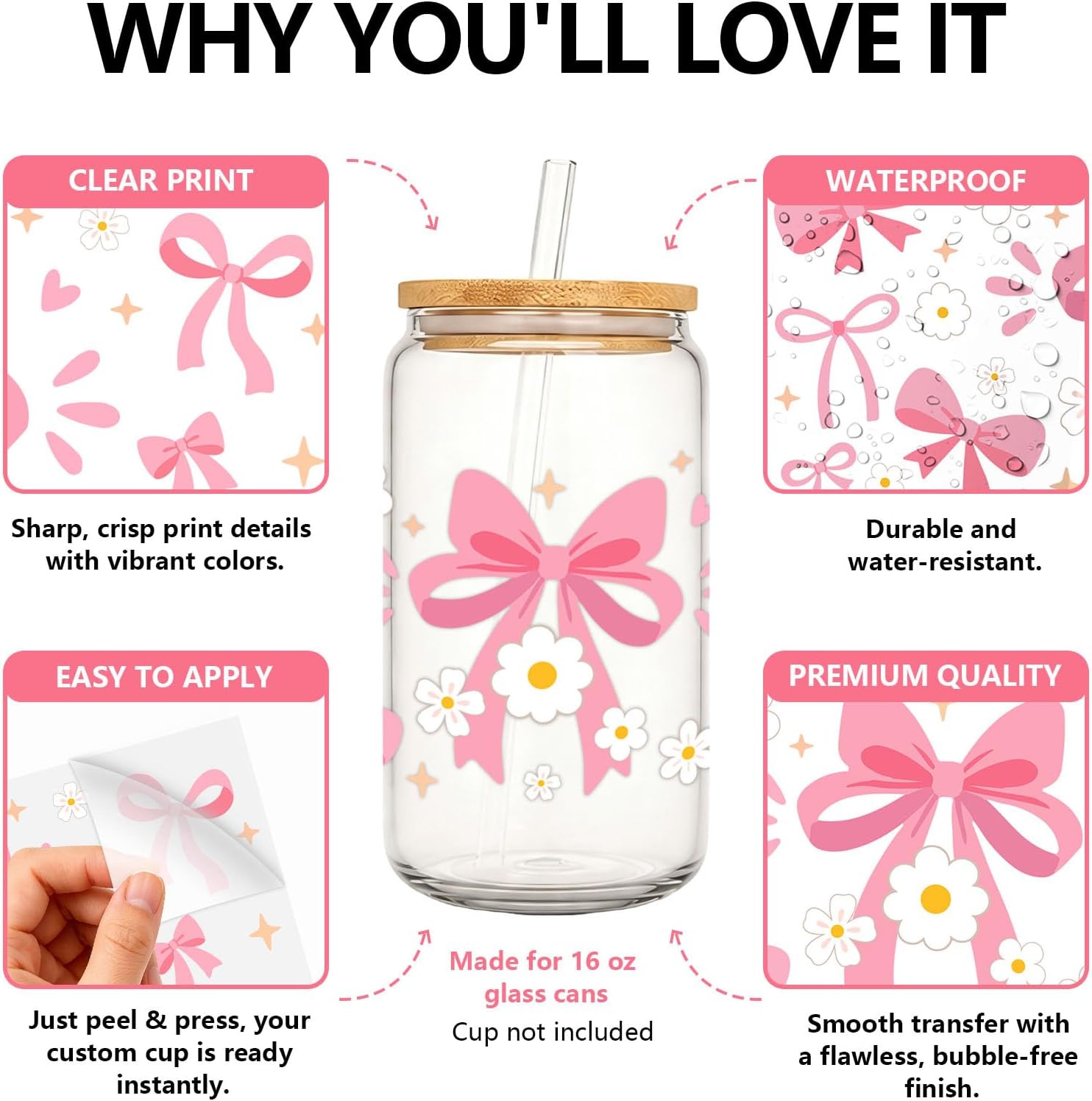6 Sheets Pink Bow UV DTF Cup Wraps Sticker for 16oz Glass Cup Decals, Waterproof Coquette Bow Rub on Transfers, Bowknot Daisy Transfer Stickers for Crafts Gift DIY Water Bottle Coffee Cups image 5