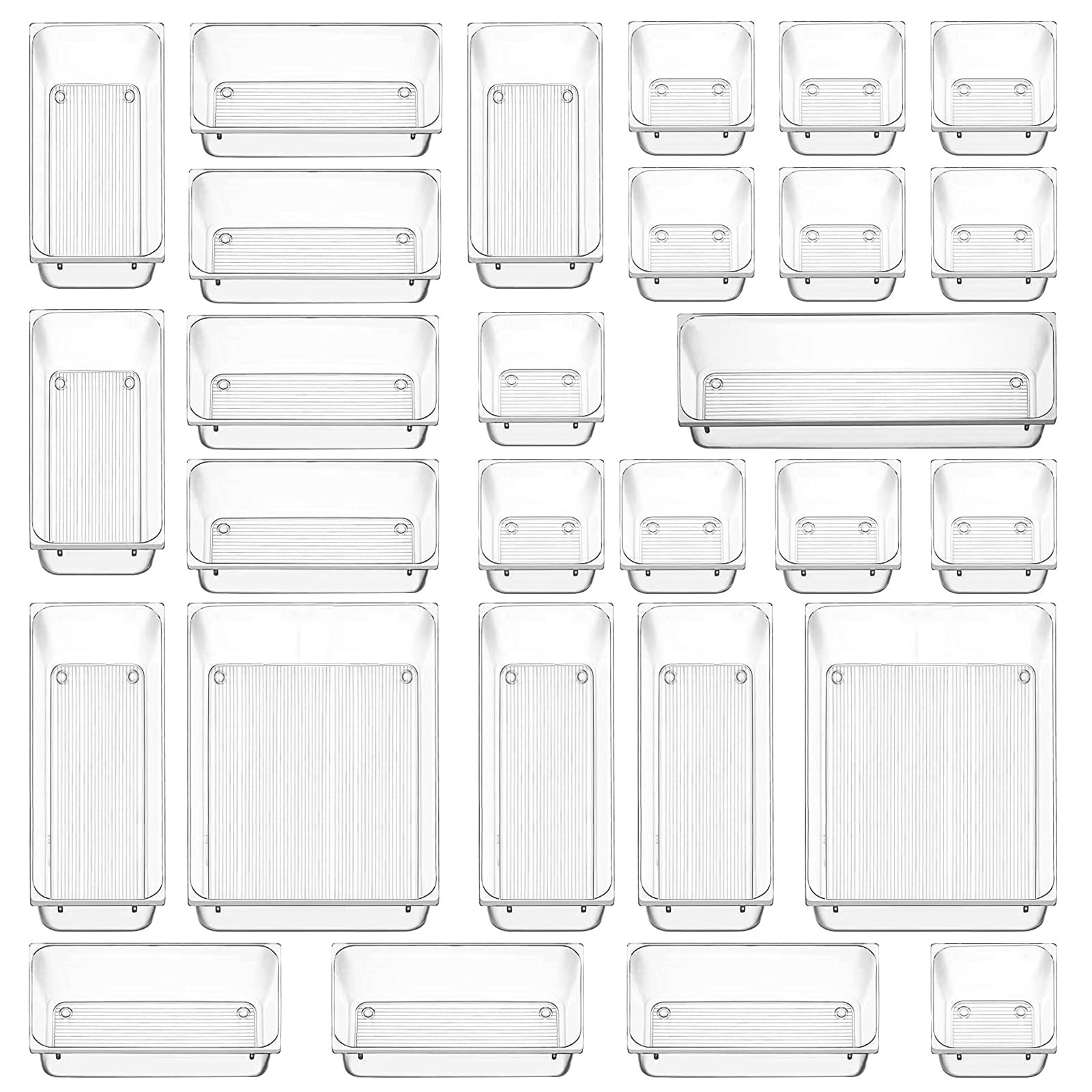 zzolee Organizador Cajones Transparente 28 Piezas, 4 Tamaños Versátiles Organizadores de Cajones Plastico, Antideslizantes Organizador Maquillaje Cajones para Cocinas, Baños, Oficinas