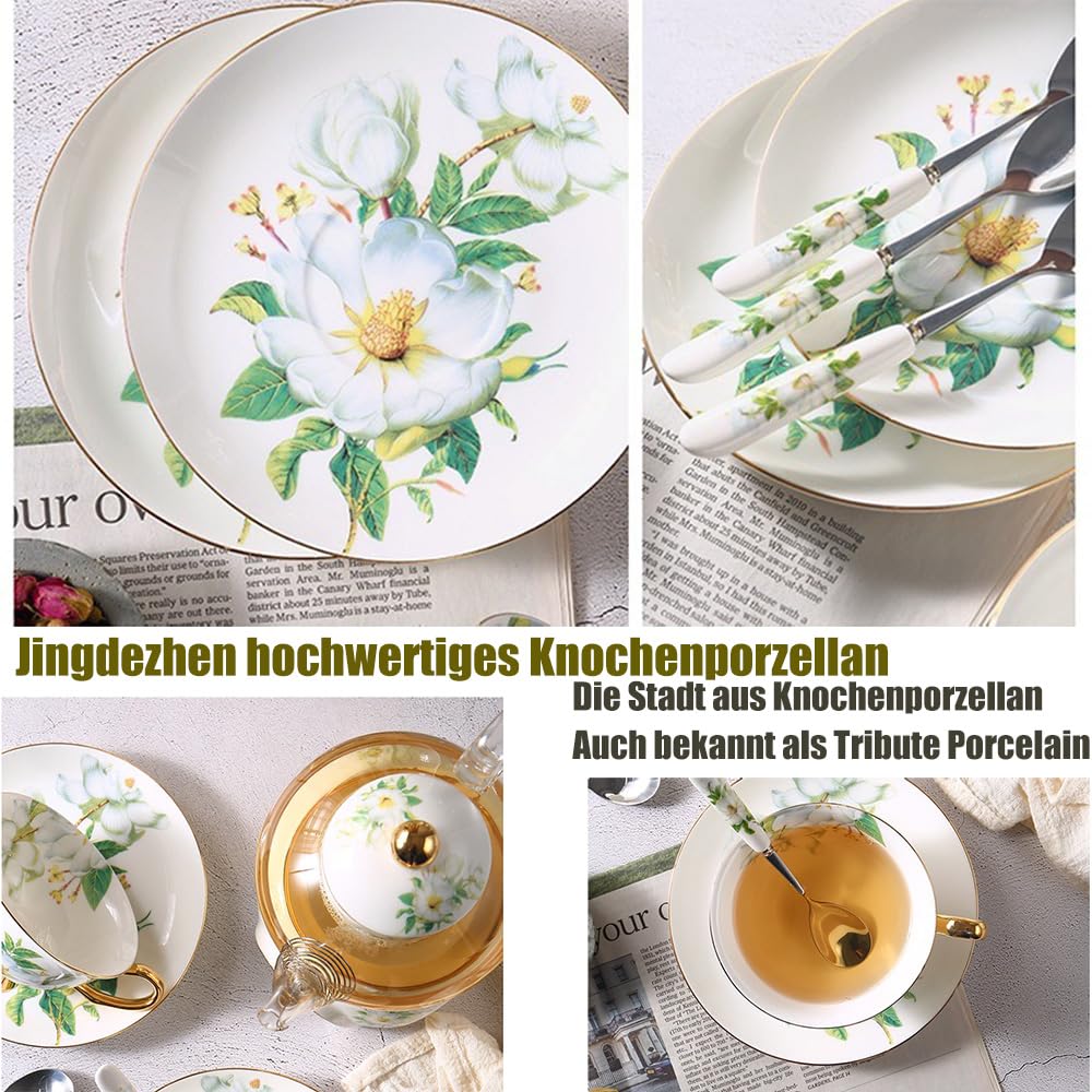 9 Stück Europäischen Blumen Tee Set,Muster Bone China Tee Set Service Kaffee Set, Beheizte Glas Teekanne, Für Geschenk Und Haushalt, Hochzeit (Kamelienblüten-Muster)