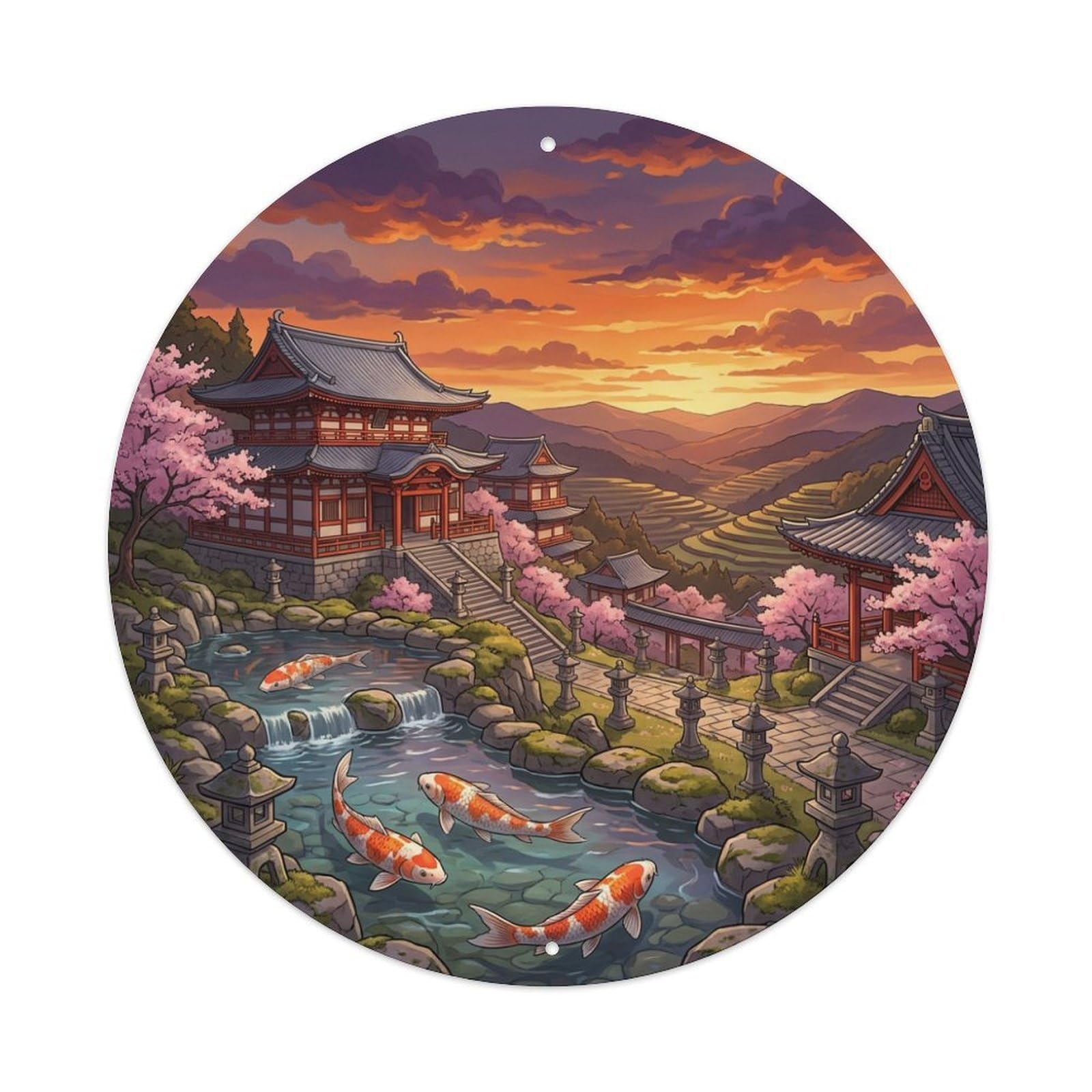Galvaxio Style Japanese Hillside Temple Koi Fish Sunset View Metal Tin Sign