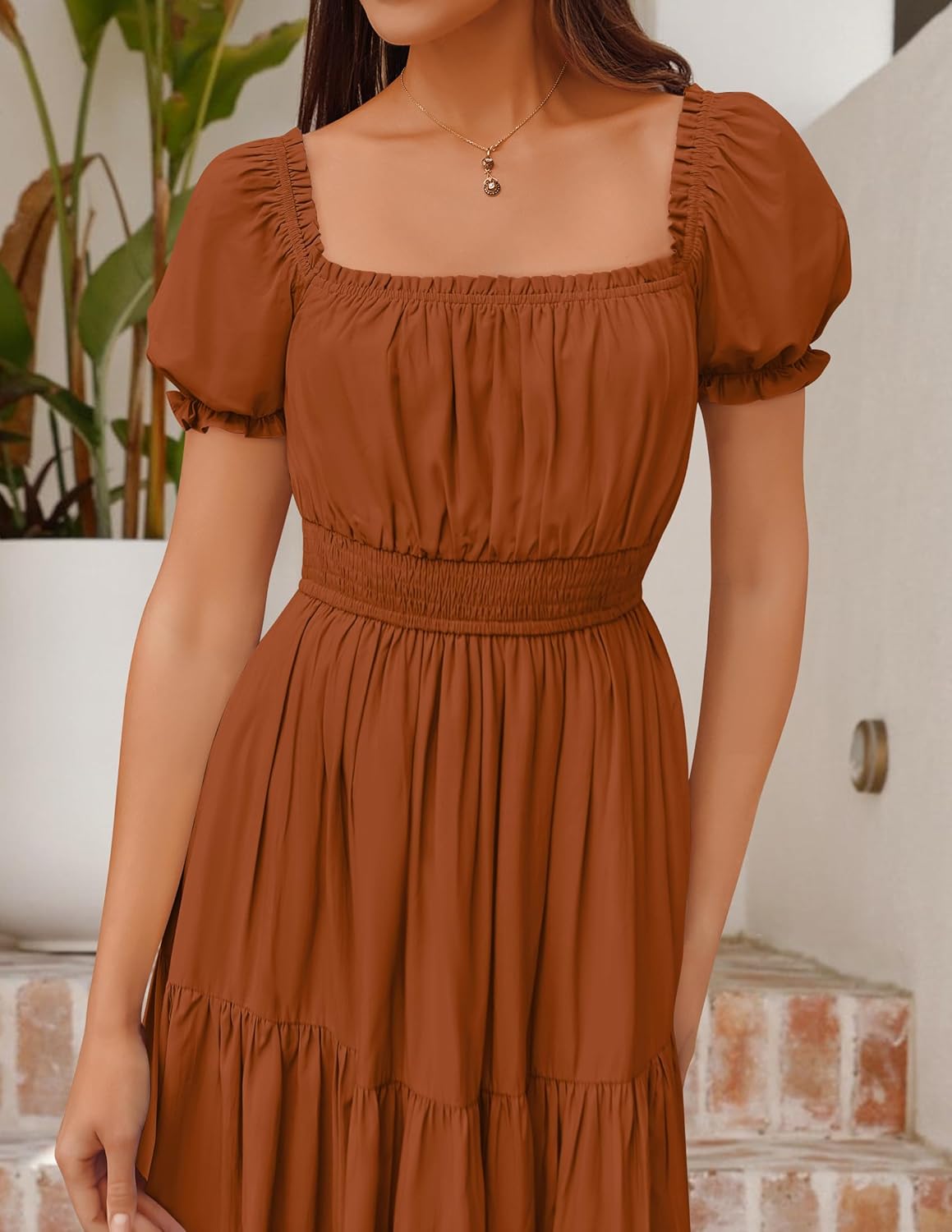 ZESICA Women's 2026 Boho Sexy Off Shoulder Short Sleeve Smocked Side Split Flowy A Line Tiered Long Maxi Dress with Pockets - Image 8