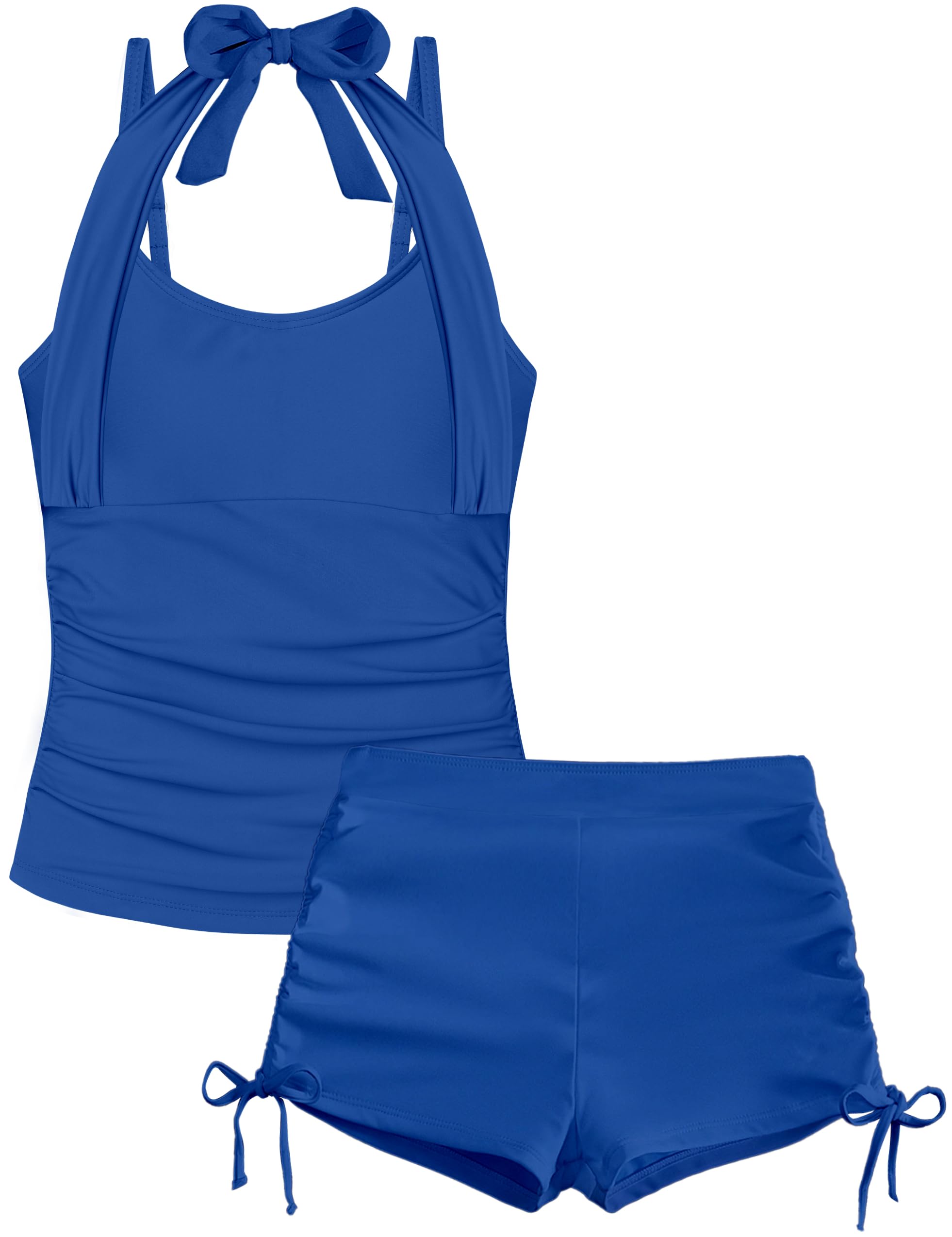 Girls Swimsuits Size 16-18 Halterneck Tankini Swimsuits Ruched Slim Fit Girl Two Piece Swimsuit with Sides Drawstring Shorts Royal Blue Teen Bathing Suits for Girls 16-18