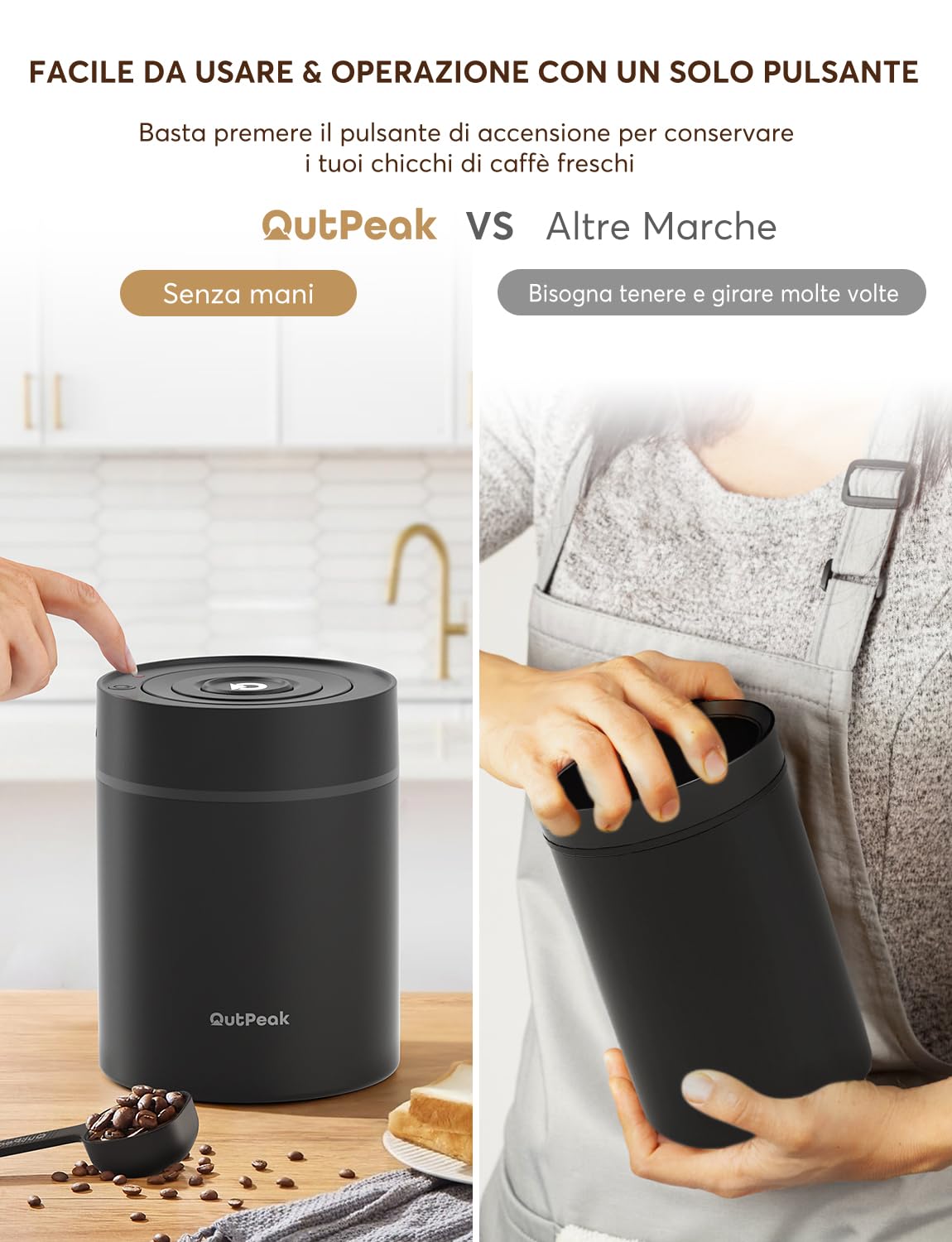 OUTPEAK Neo 2025 Kilo - Barattolo Sottovuoto Automatico per Caffè, Capacità 1,5 L, per Chicchi in Grani, Funzionamento Con Un Pulsante, Contenitore in Acciaio Inox