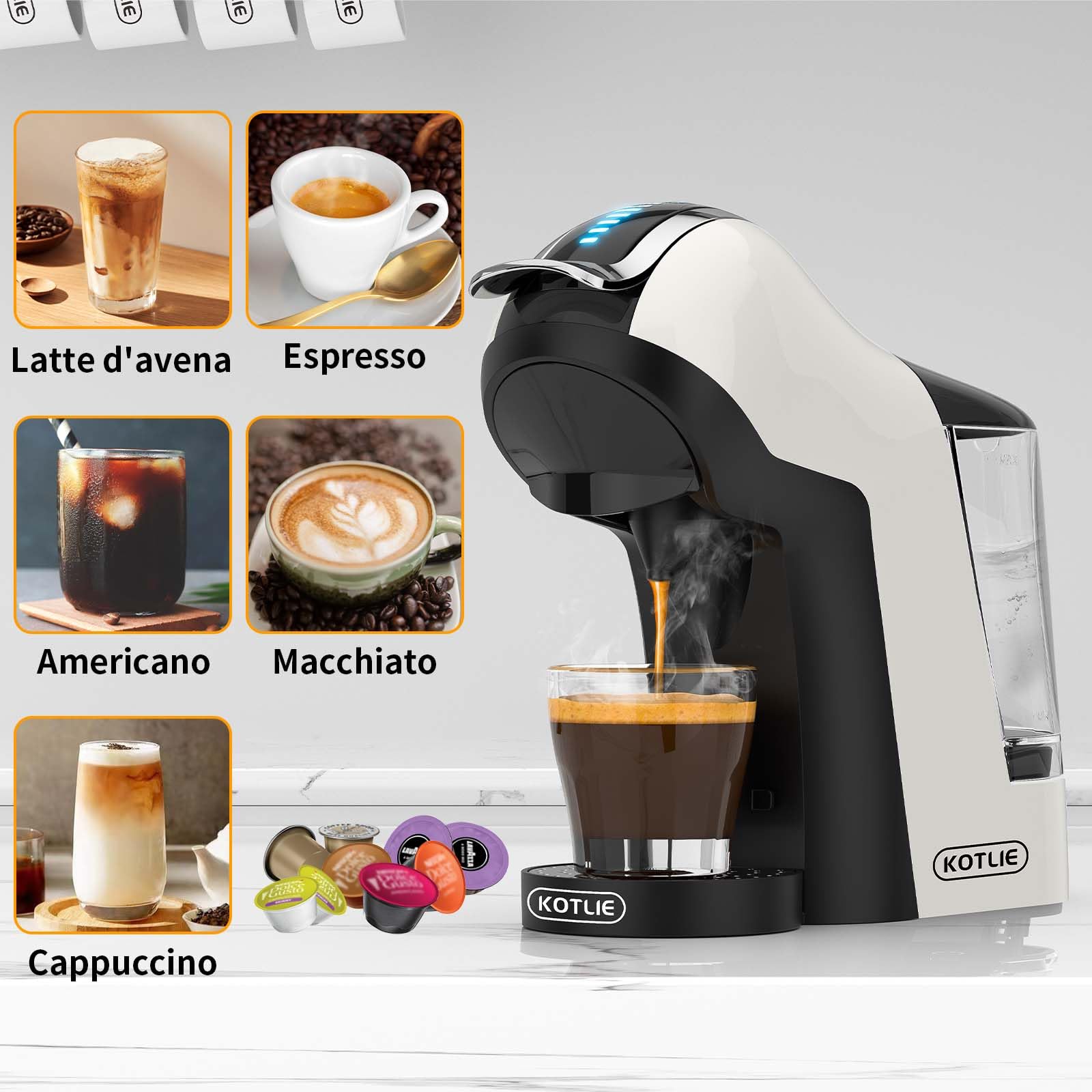 KOTLIE EM-308A Macchina da caffè a capsule 5 in 1,per Nespresso Original/per Lavazza a modo mio/per Dolce Gusto/ESE(44mm)/Caffè in polvere,supporto per l'estrazione a freddo(Bianco)