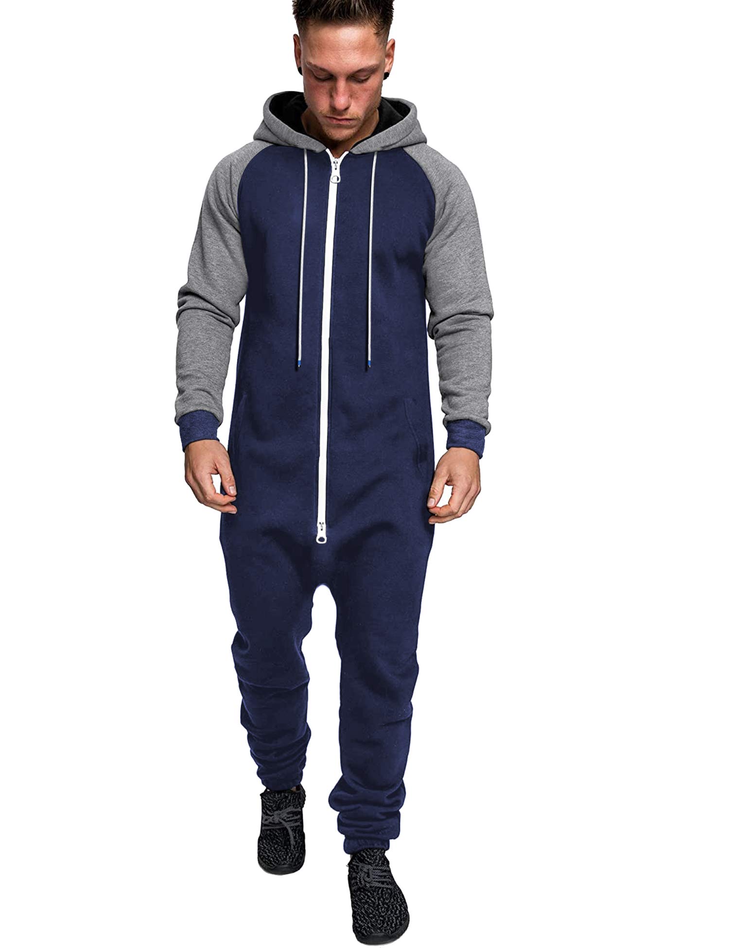 Coofandy Mens Jumpsuit Onesie Rompers Drawtsring Hooded Full Zip