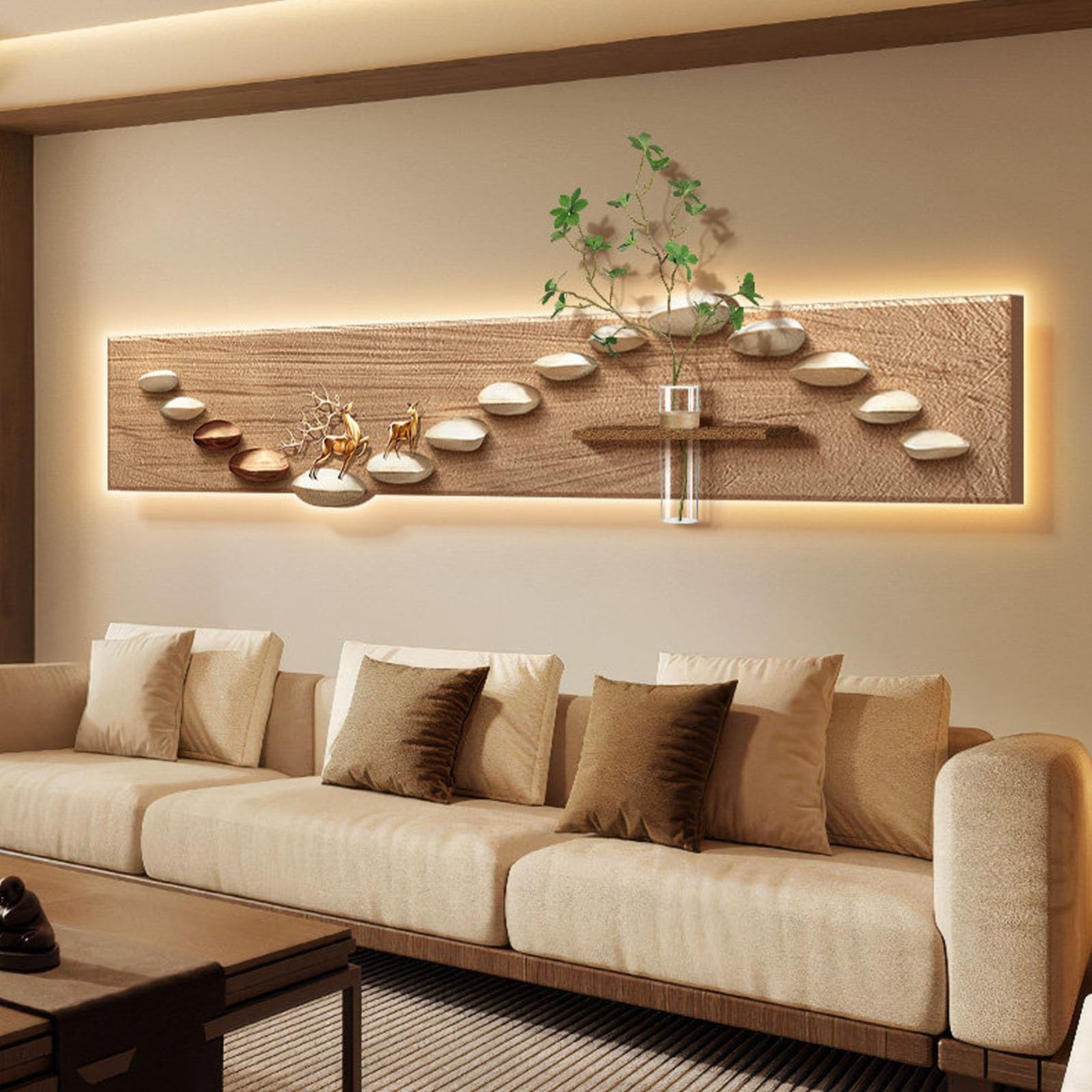Sandstein-3D-Wandbild mit LED-Beleuchtung, großes dekoratives Gemälde für das Wohnzimmer, Wandskulptur mit Vasen und künstlichem Grün, Wandbild für Eingangsbereich/Flur (Stil 3, 180 x 36 cm