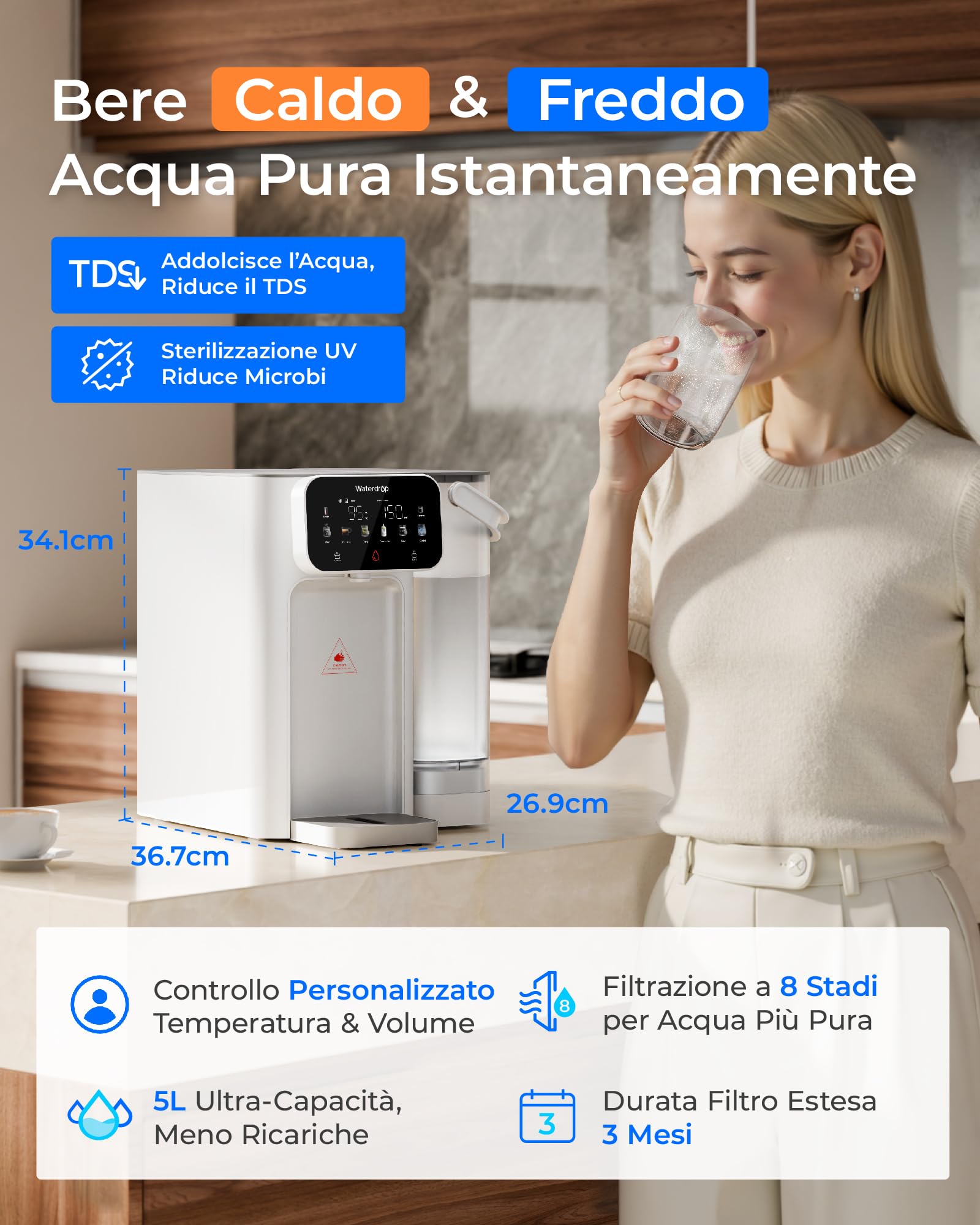 Waterdrop CT01 Calda & Fredda Distributore di Acqua con Filtro, Riduce TDS, Calcare&Cloro, Conservare Minerali Importanti, 8 Stadi Filtrazione con Sterilizzazione UV, Impostazioni Temperatura (15-95℃)