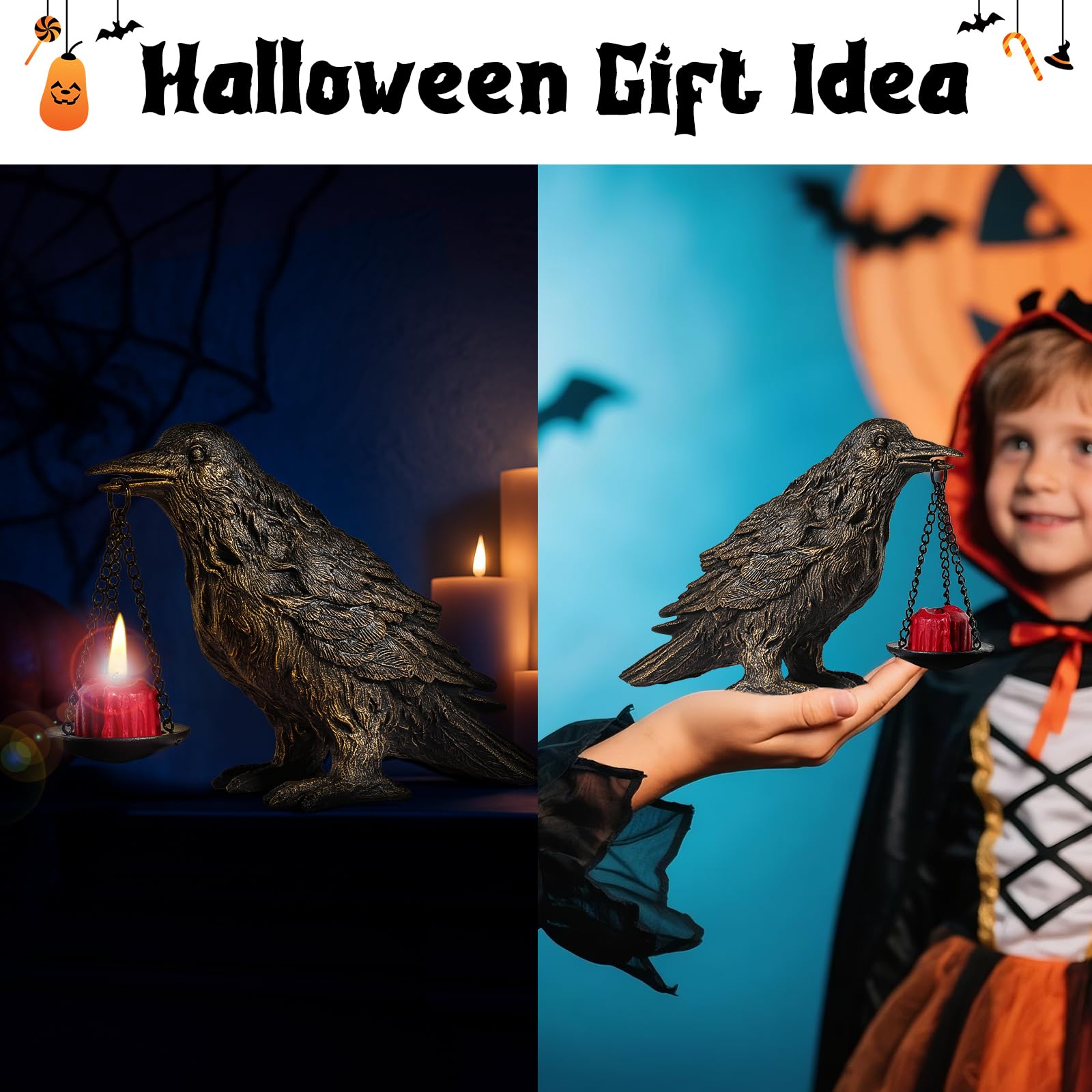 Halloween Decorations Indoor Gothic Home Decor Raven Lamp Tealight Holder for Bedroom Fake Crow Candle Holder Halloween Table Decorations Black