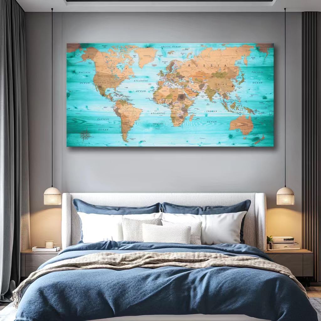 Large Wall Art Blue map of The World Painting Ready to Hang 20"x40"Large Framed Wall Art World Map Canvas Map Decorations Artwork Prints - Image 5