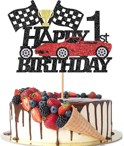 Miniatura 8 de Decoración de pastel de coche de carreras de 2 años, decoración de pastel de feliz segundo cumpleaños, auto de carreras, bandera a cuadros, rueda