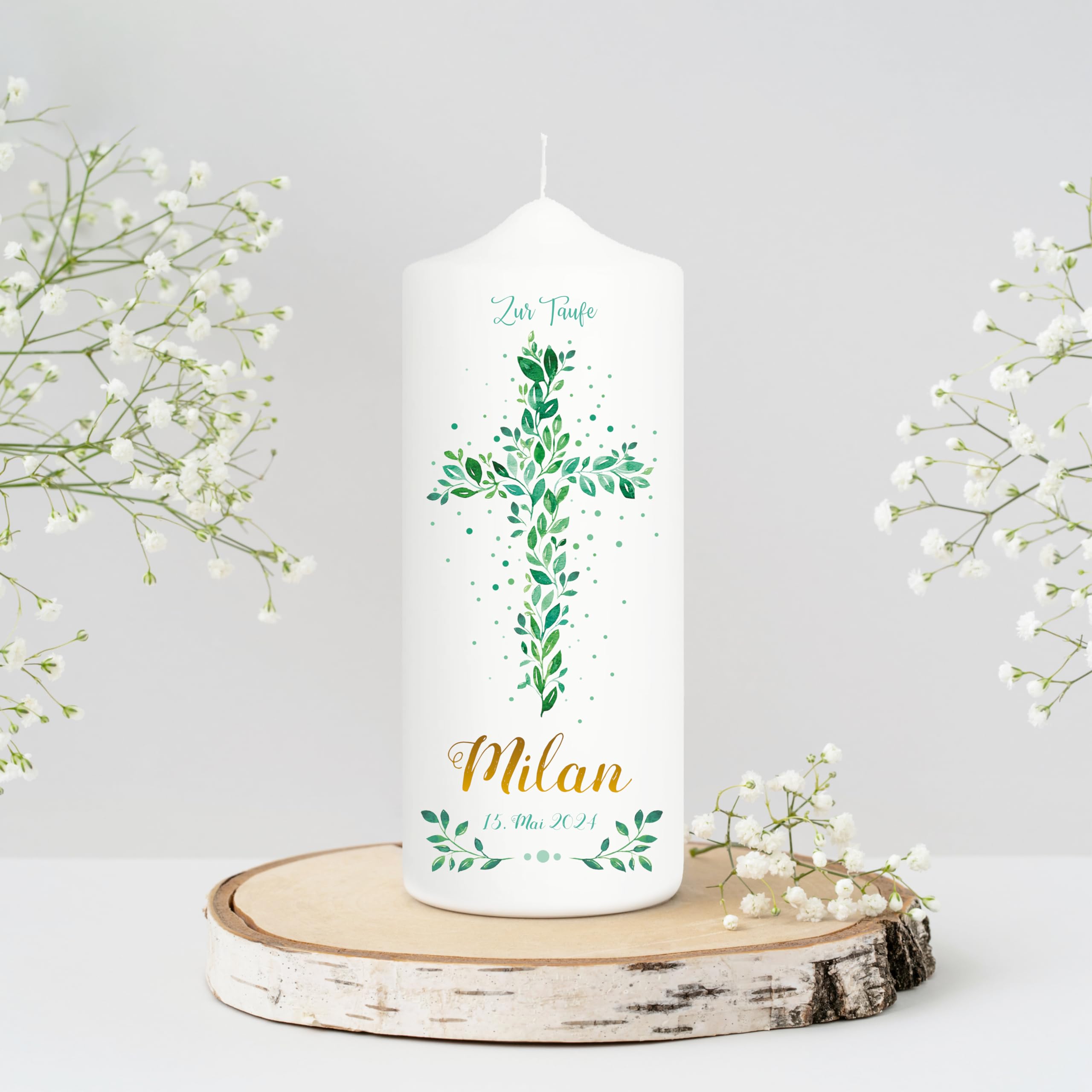 Wandtattoo Loft Taufkerze Junge oder Mädchen mit Taufspruch + Patenkerze, Motiv Heiliges Kreuz aus grünen Blättern, 25cm x 7cm