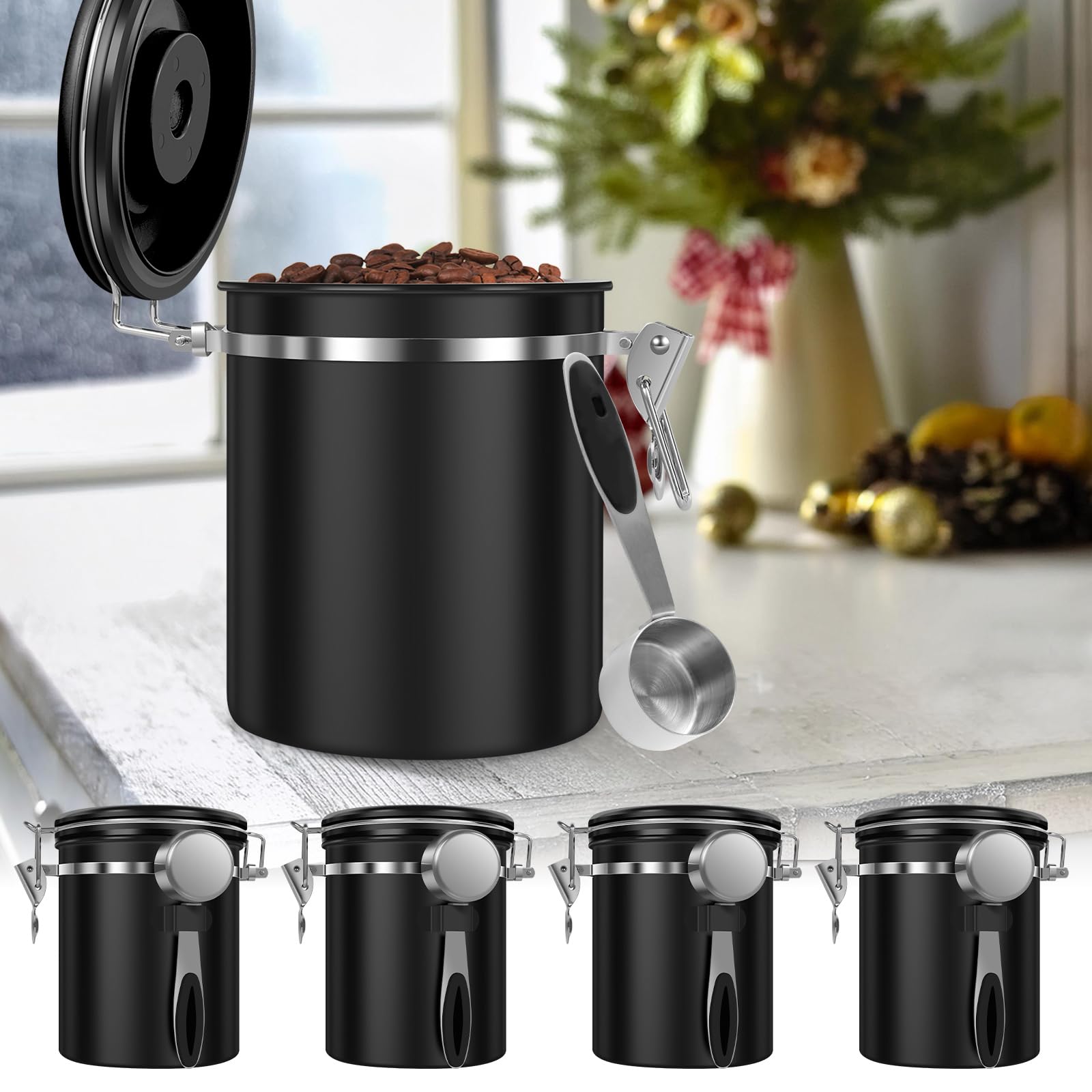 Kaffee-Vorratsdose, 1,5 l, doppelt, luftdicht, Kaffeebohnen-Behälter mit Datumsanzeige, 304 Edelstahl, Küchen-Lebensmittelbehälter mit Löffel für Tee, Zucker, 4 Stück