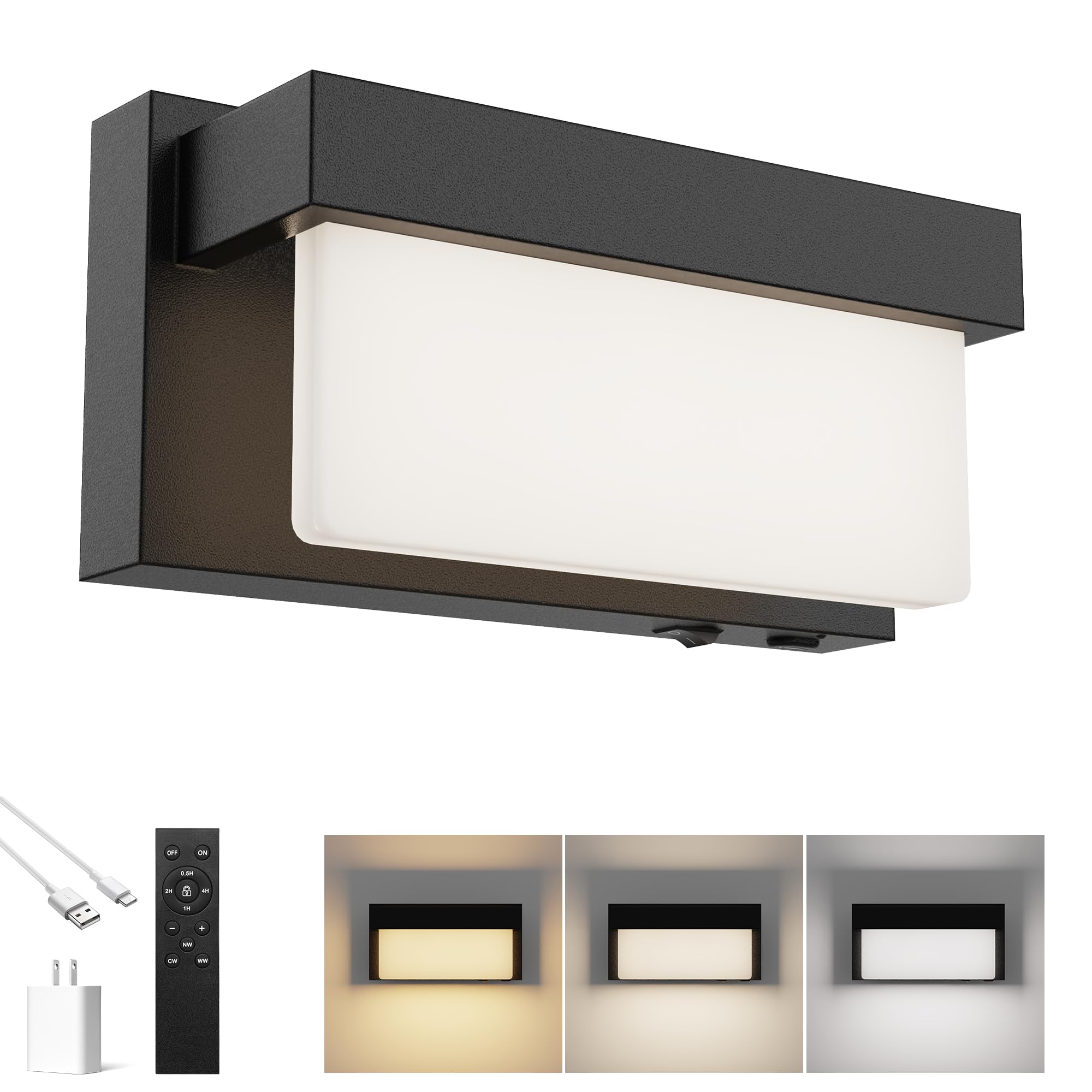 Battery Wall Sconce Black Wall Light with On/Off Switch 8 inch LED Wall Lamp Acrylic Lampshade 3CCT Sconce Wall Lighting