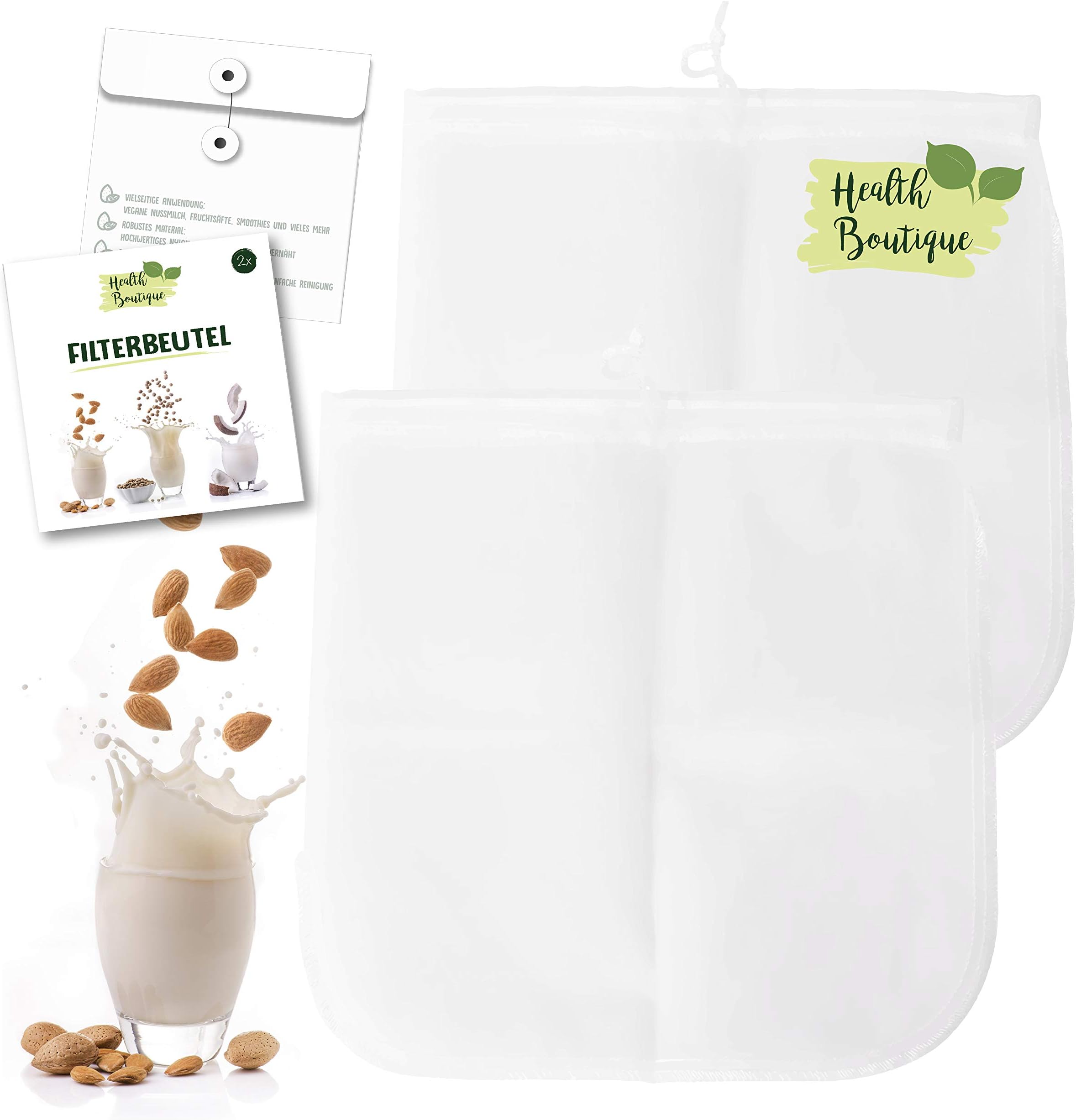 2x nut milk bag/cloth filter bag set for vegan milk options such as nut, almond milk, vegetable/fruit juices and smoothies, Health Boutique