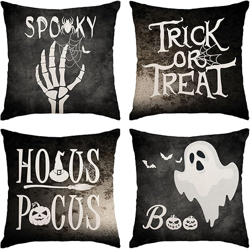 Miniatura 9 de Fundas de almohada de Halloween de 24 x 24 pulgadas, juego de 4 fundas de almohada decorativas con diseño de truco o trato, funda de almohada negra