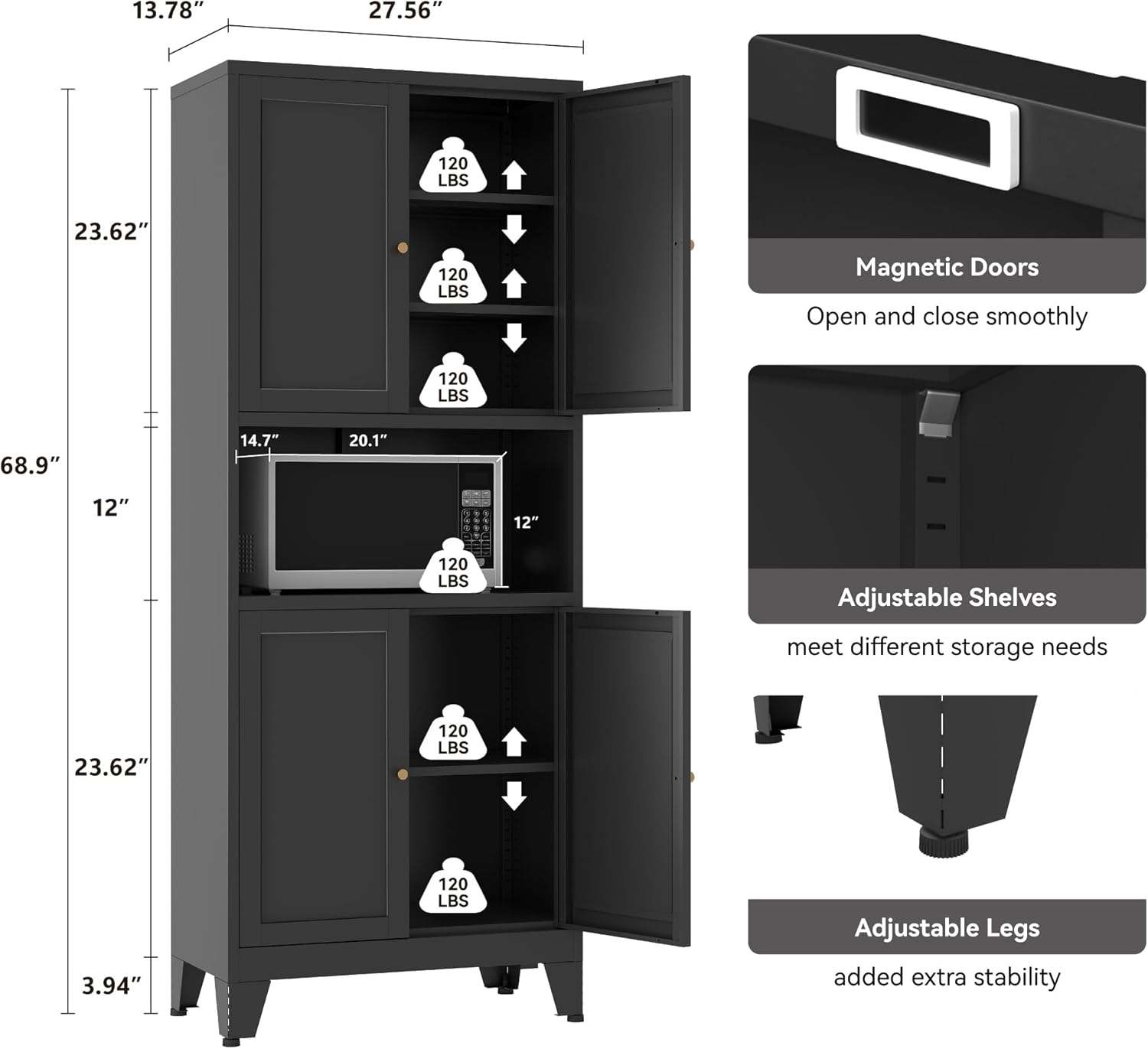 69" Tall Metal Pantry Cabinet with Microwave Shelf,Microwave Storage Cabinet with 4 Doors & 3 Adjustable Shelves,Metal Cabinet with Storage for Kitchen Dining Room Living Room(1PC,Black)