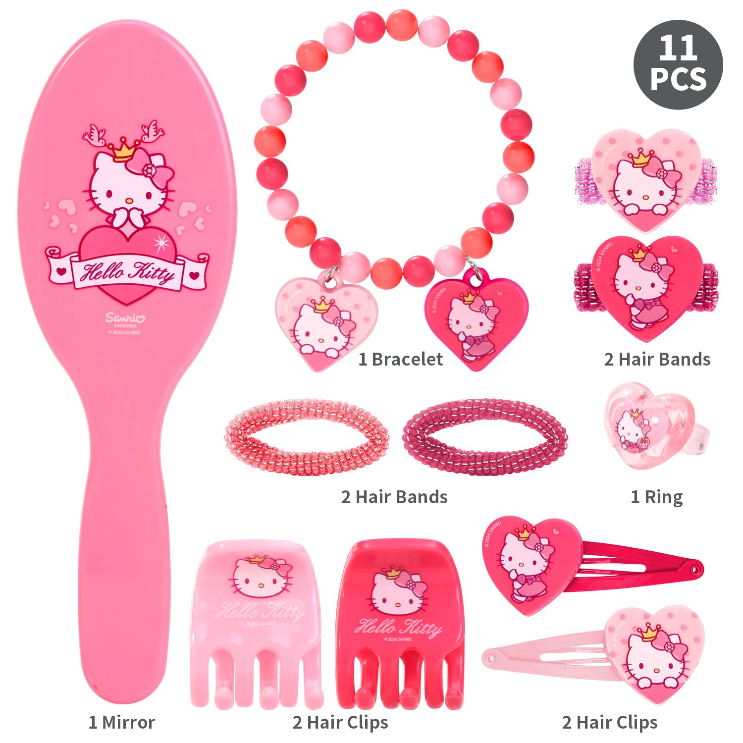 Hello Kitty 11pcs Girls Kids Hair Accessories Clips Comb Bands and Beauty Set, Multicolour, 23.5 cm x 18.5 cm - Image 3