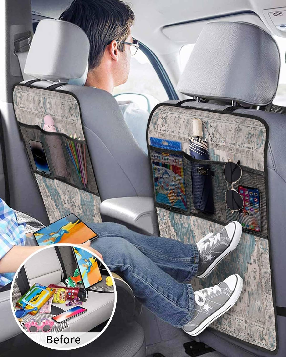 Car Seat Protector, 2 Pack Kick Mats with Organizer - 3 Pocket Storage, Turkish Patterns Medieval Wallpaper Vintage Murals Back Seat Cover for Kids Universal Fit Automotive Interior Protectors